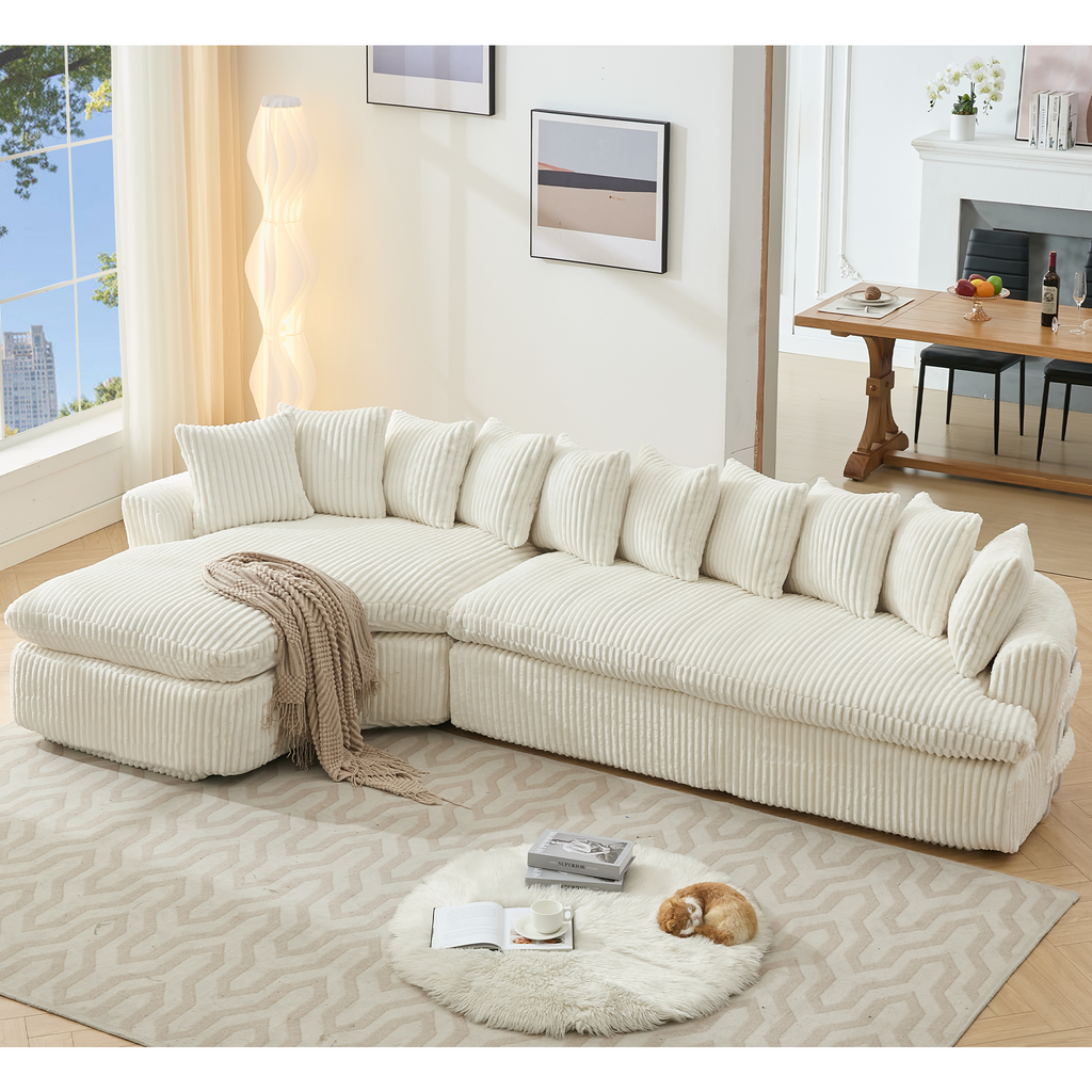 127''  Large Sectional Sofa ,Elegant Curved Design ,High-Resilience Foam ,Ten Back Cushions,L-Shape Left Sofa,No Assembly  Required , (Beige-Soft Corduroy Fabric)