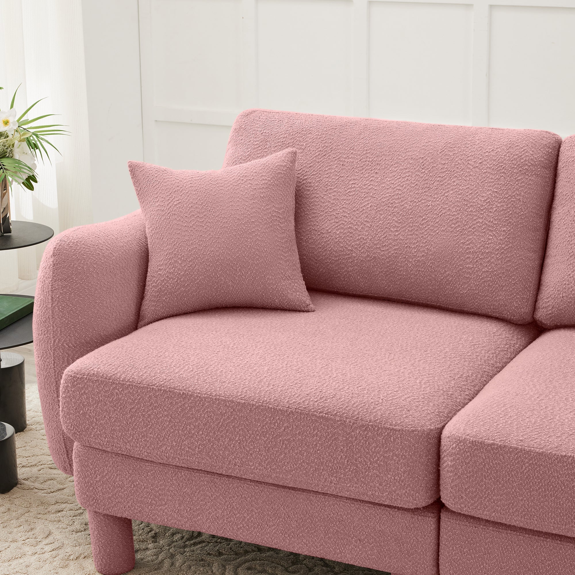 Boucle Fabric U Shape Sectional 4-seater Sofa Couch With Distinctive Shell-shaped Armrests And 2 Movable Ottomans,Cylindrical Legs Wrapped with Self-fabric,Pink Color