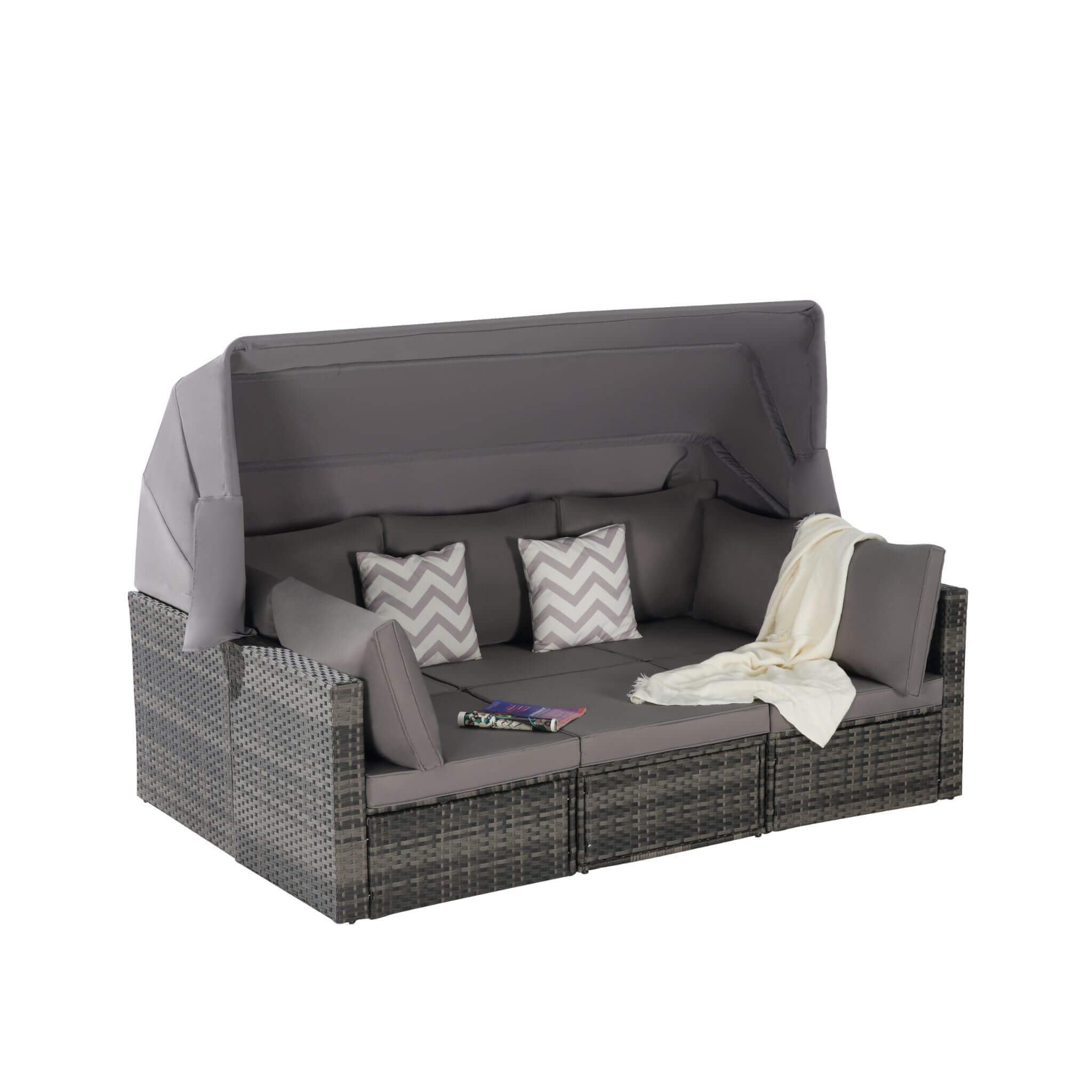 5 PCS Outdoor Patio Wicker Daybed Furniture Set With Retractable Canopy (SAK37816)
