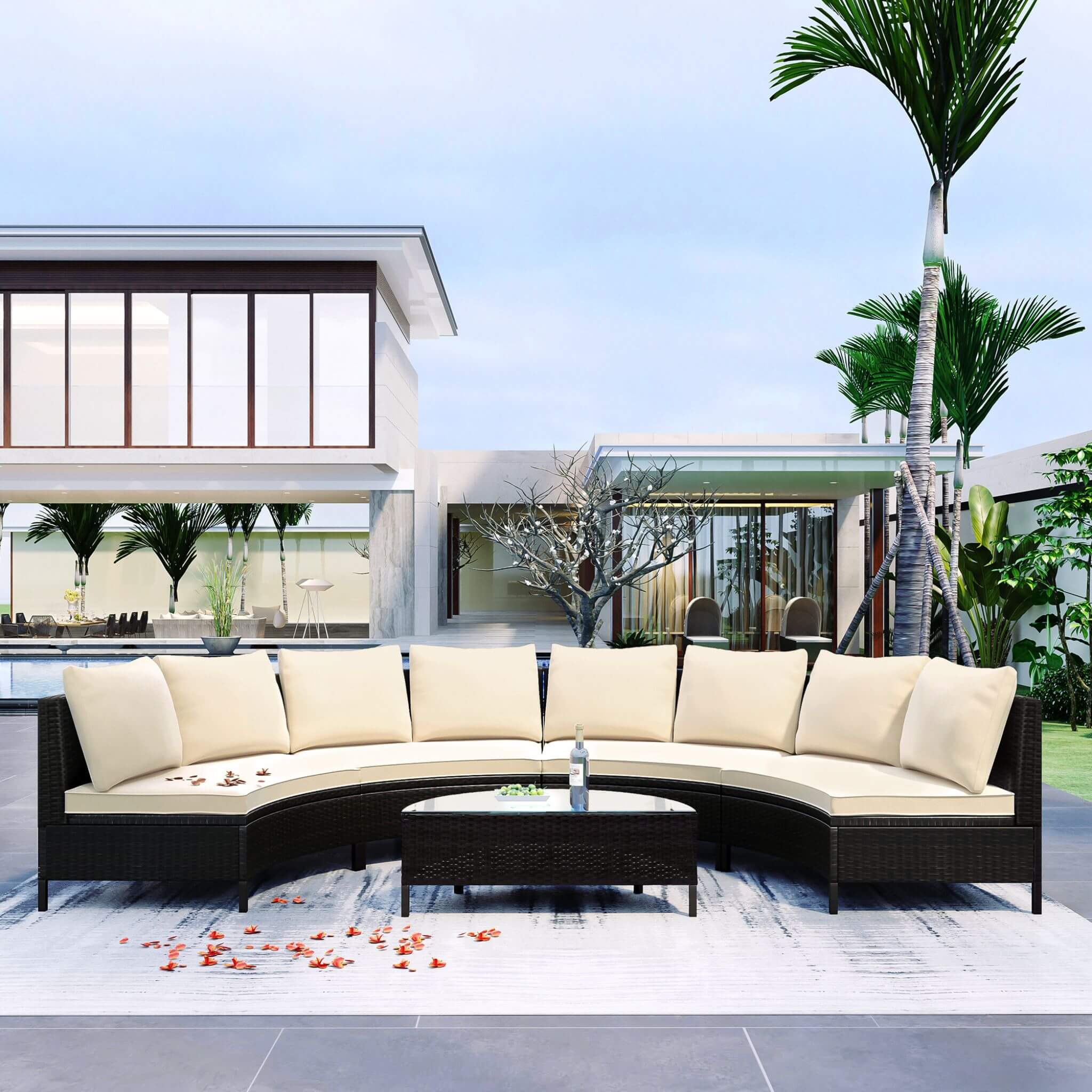 Premium 5-Piece All-Weather Half-Moon Outdoor Rattan Wicker Patio Sectional Sofa Furniture Set With Tempered Glass Table (SAK32615)