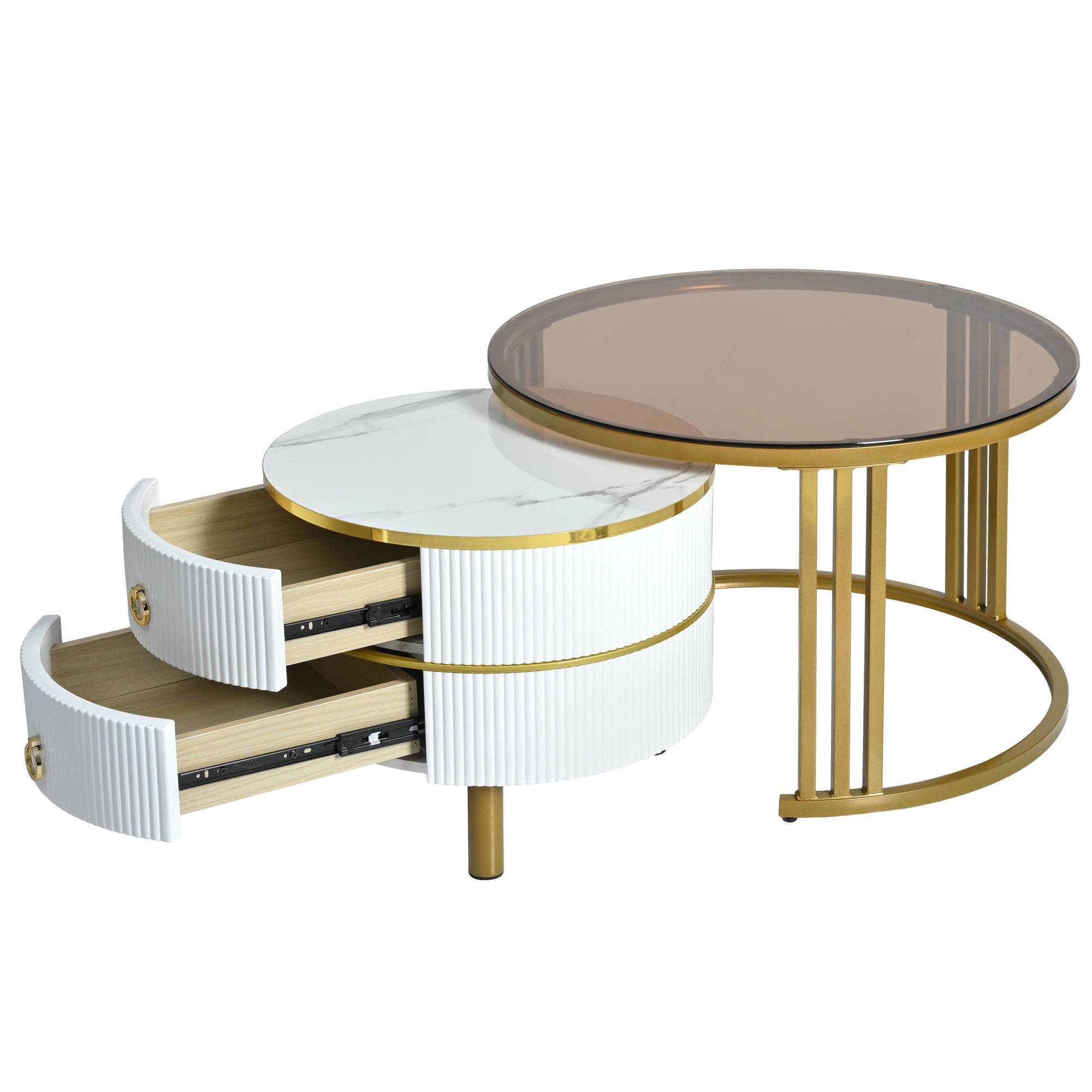 ON-TREND Φ27.5'' & Φ19.6'' Stackable Coffee Table with 2 Drawers, Nesting Tables with Brown Tempered Glass and High Gloss Marble Tabletop, Set of 2, Round Center Table for Living Room, White
