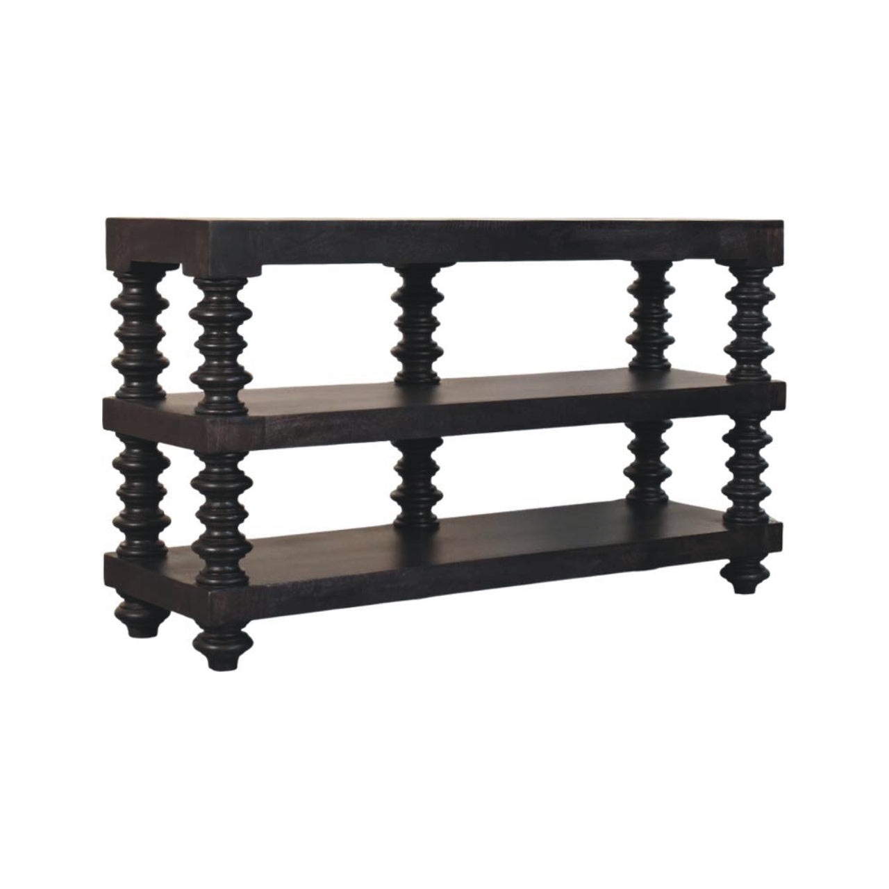 Solid Wood Spindle Shelf Console in Carbon Ash, Black with storage