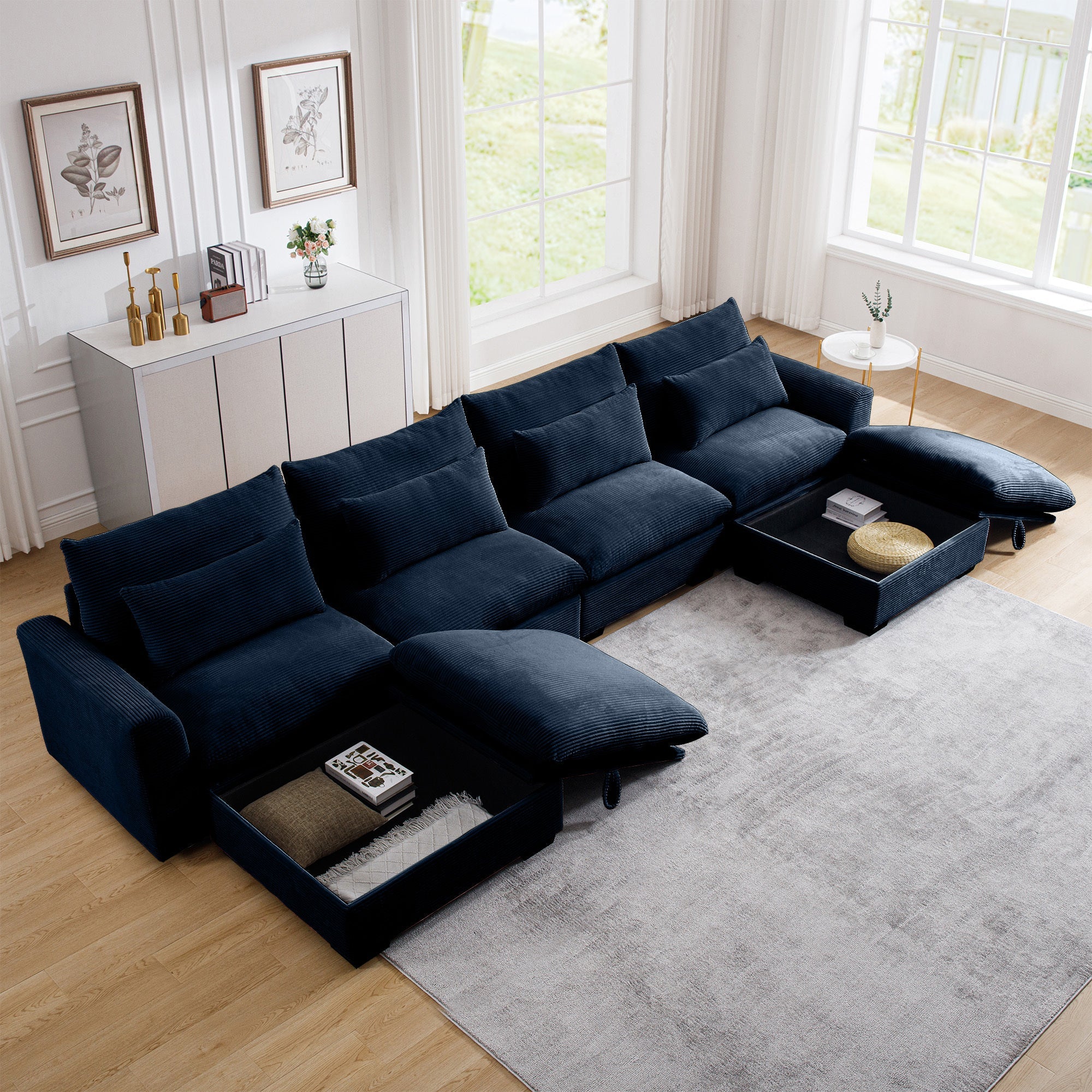 Big Deep Seat U-Shaped Corduroy Sectional Couches for Living Room, 4 Seater Sofa Couch with 2 Storage Footstool and 4 Waist Pillows (Corduroy, Blue)