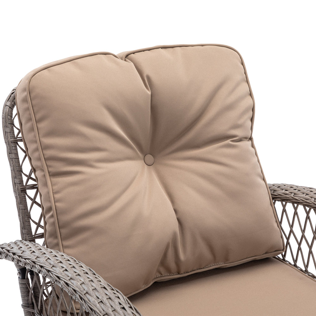 3 Pieces Outdoor Swivel Rocker Patio Chairs, 360 Degree Rocking Patio Conversation Set with Thickened Cushions and Glass Coffee Table for Backyard, Khaki