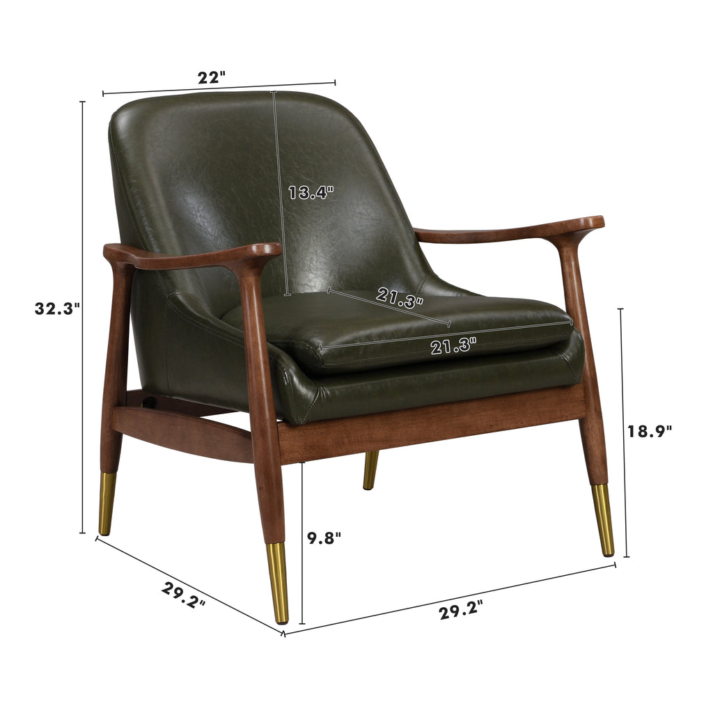 Mid-Century Faux Leather Accent Chair with Cushioned Seat, Solid Wood Frame, Brass-Tipped Legs, Cognac-Brown