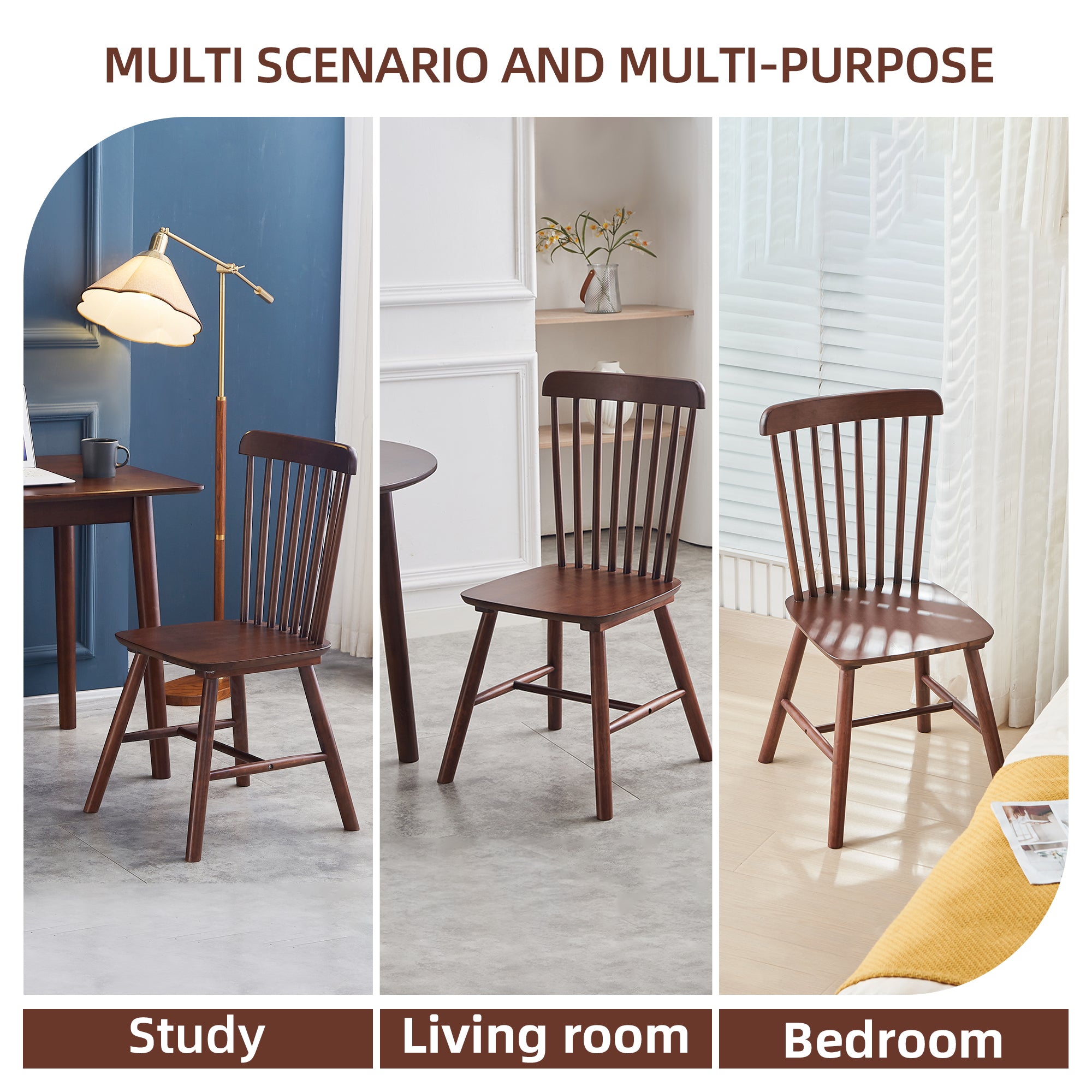4 pieces of dining chair, Walnut, rubber wood material, dining chair, solid wood chair, solid wood dining table chair, living room chair, simple and natural