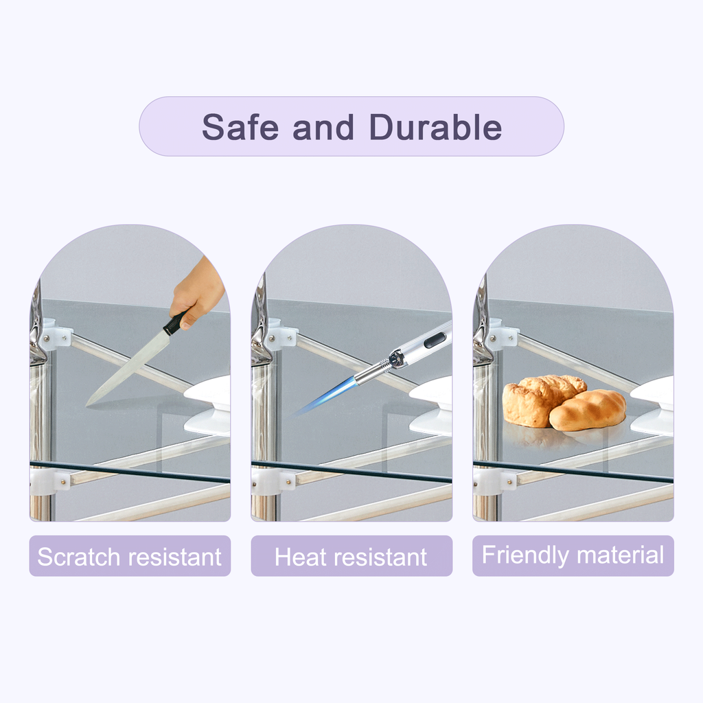 Elegant Expandable Square Glass Table - 36' Clear Tempered Glass, Silver Metal Legs.Telescopic metal legs, transparent square glass tabletop, suction cup attachment connection.