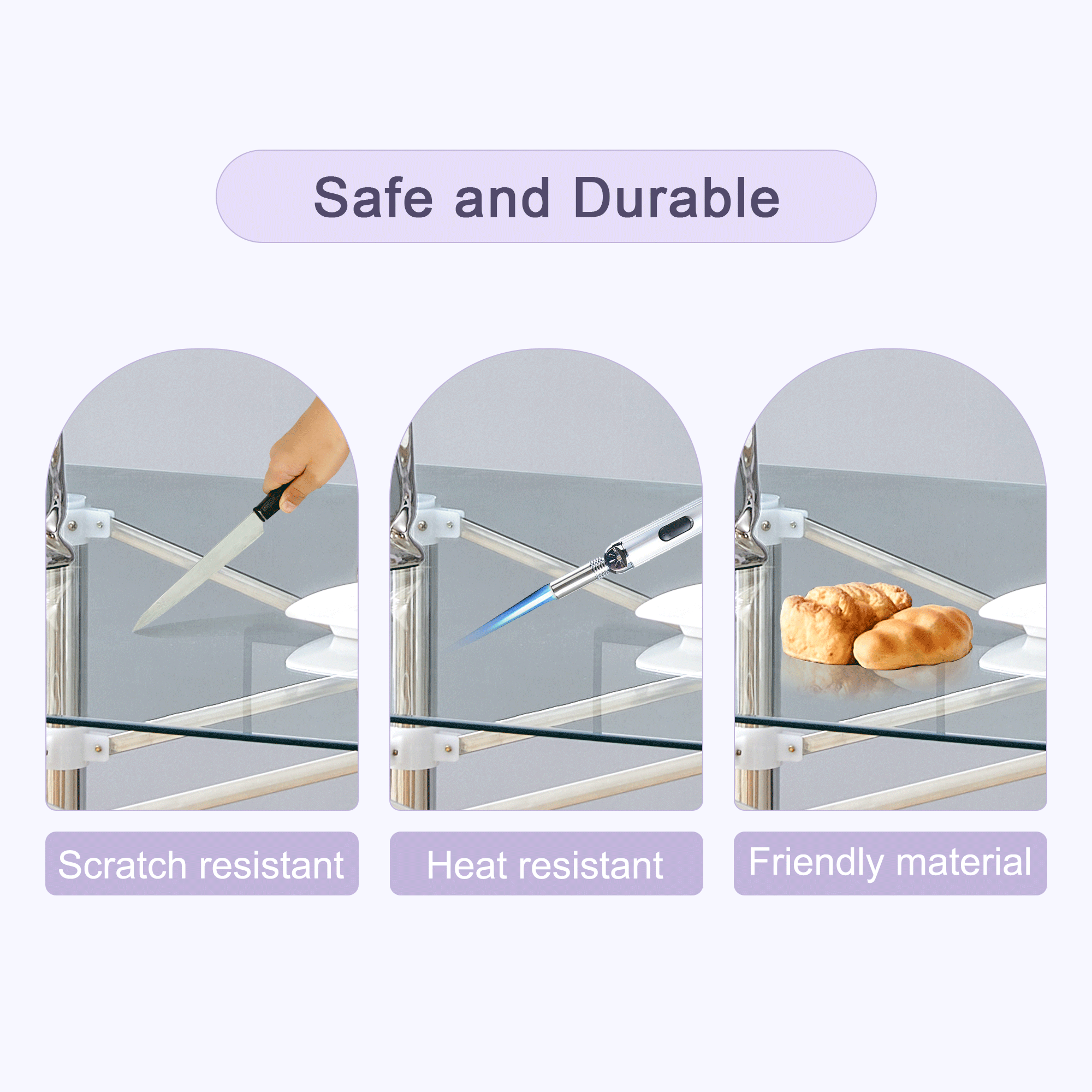 Elegant Expandable Square Glass Table - 36' Clear Tempered Glass, Silver Metal Legs.Telescopic metal legs, transparent square glass tabletop, suction cup attachment connection.