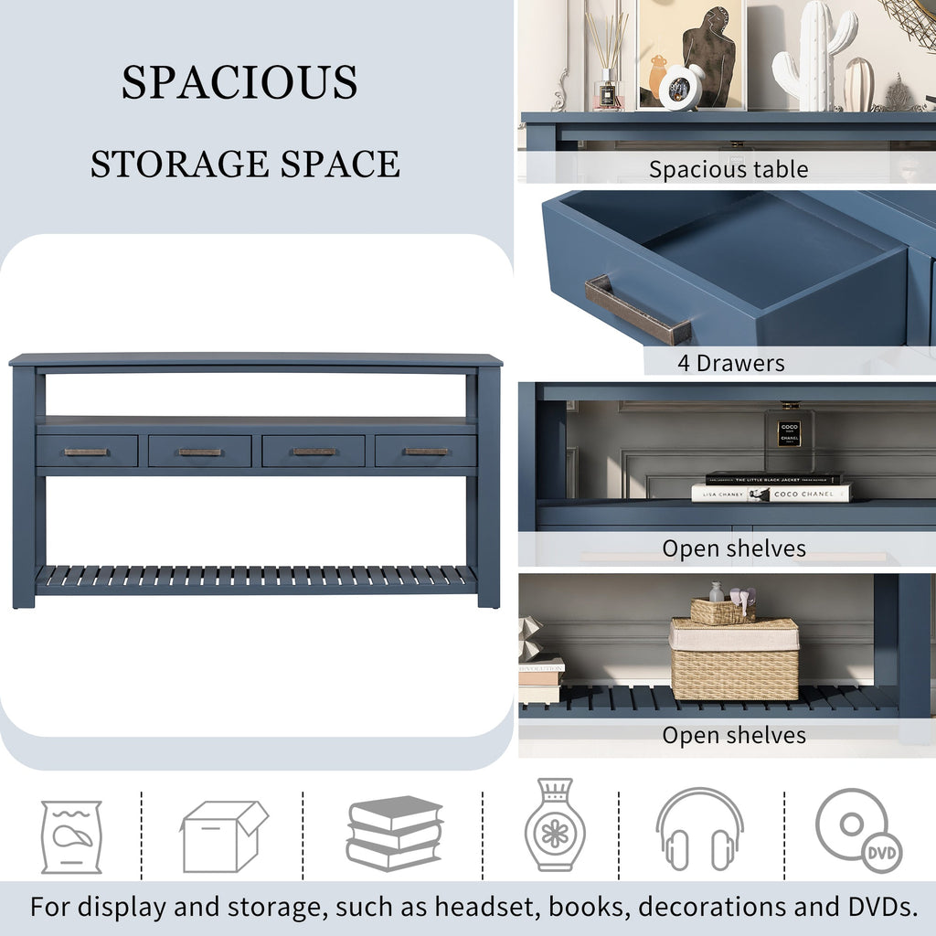 U_STYLE 62.2''Large Entryway Table with 4 Drawers,Painted Console Table with 3-Tier Open Shelves and Metal Handles,Versatile Hallway Sofa Table for Living Room, Bedroom, Foyer and Kitchen