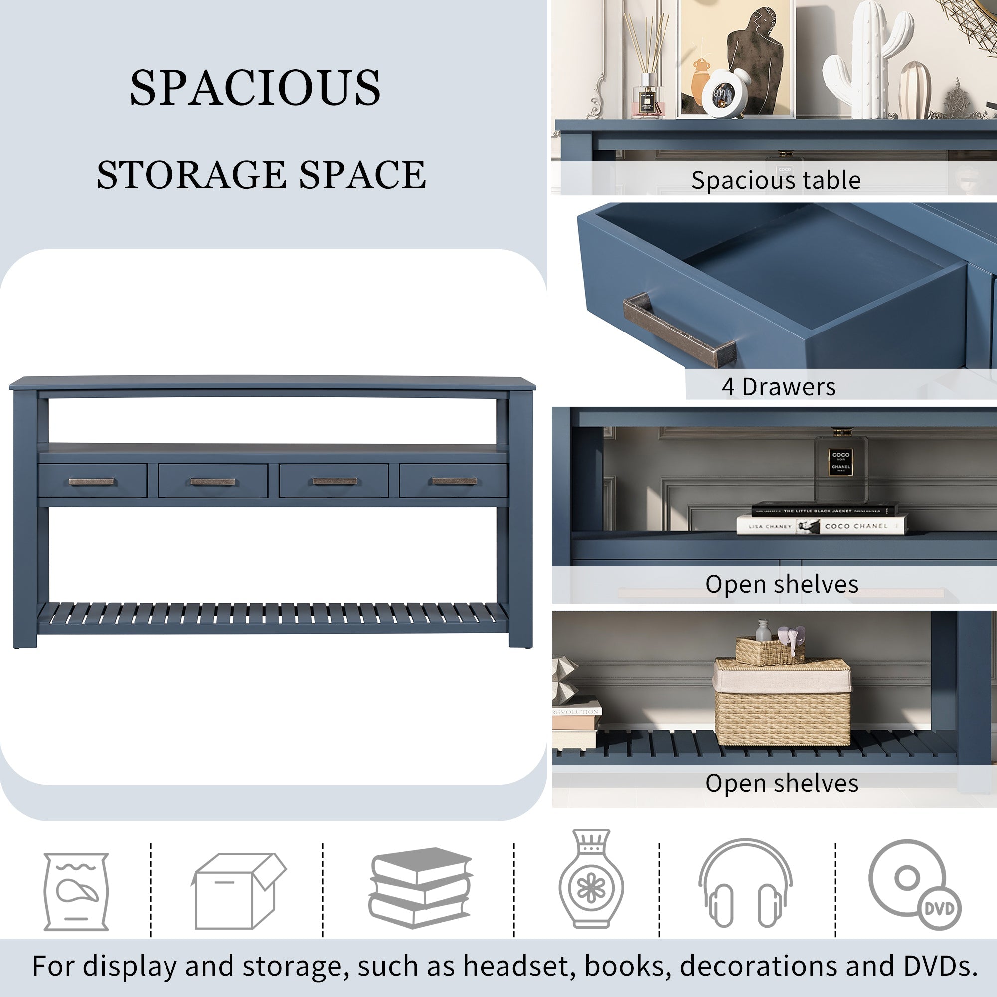 U_STYLE 62.2''Large Entryway Table with 4 Drawers,Painted Console Table with 3-Tier Open Shelves and Metal Handles,Versatile Hallway Sofa Table for Living Room, Bedroom, Foyer and Kitchen
