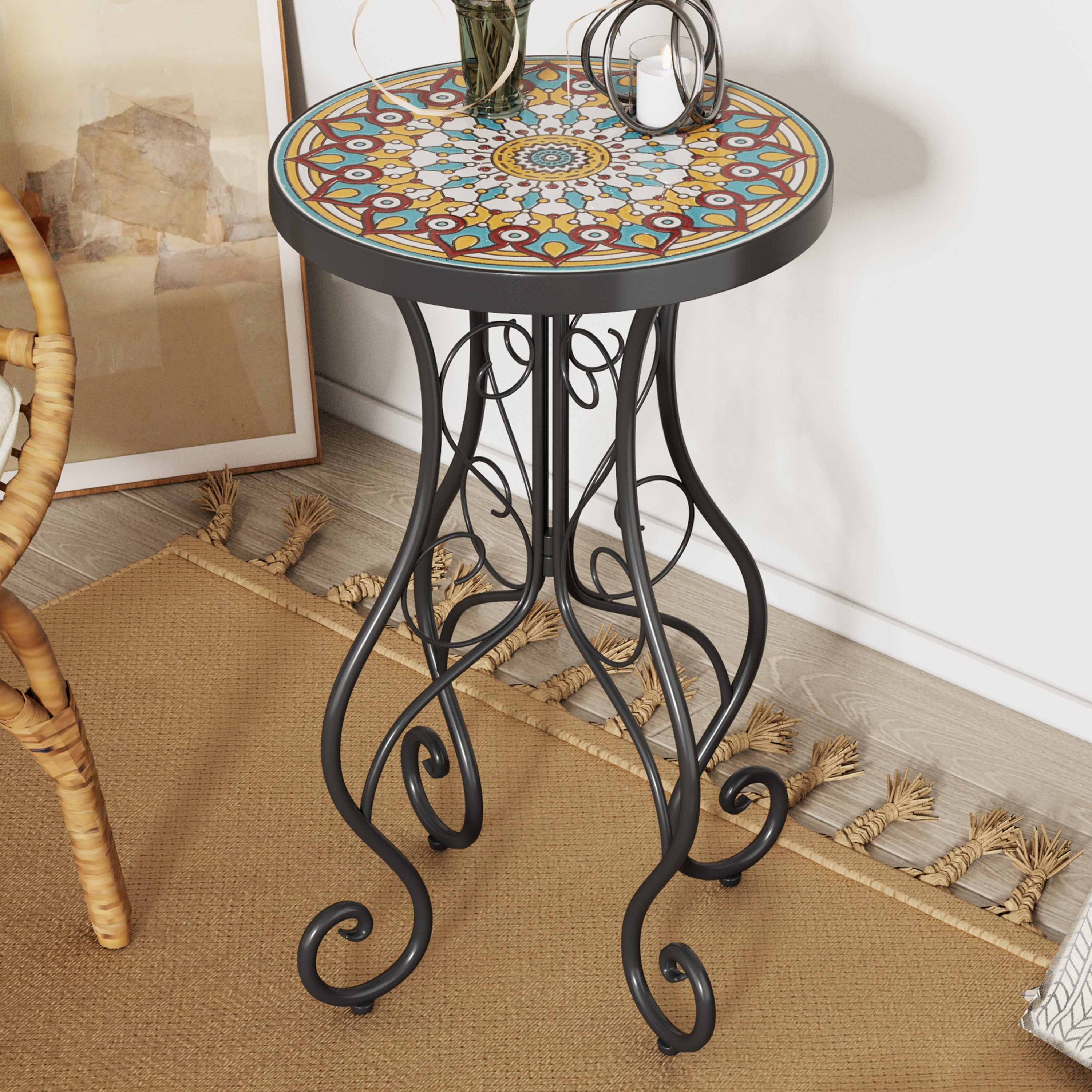 Vibrant French Country Round Ceramic Outdoor Side Table Black Ceramic Tile 14x14x22.44 inches
