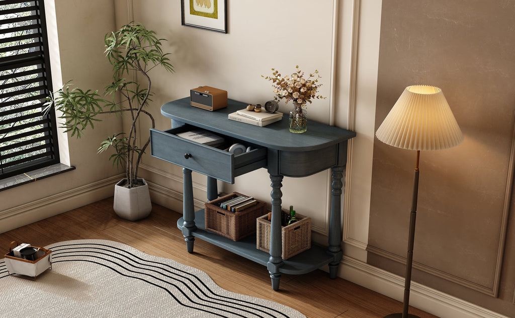 TREXM Narrow Console Table with Curved Corner, Retro Entryway Table with Top Drawer and Open Shelf, Sofa Table Console Tables for Entryway, Hallway and Living Room (Navy)