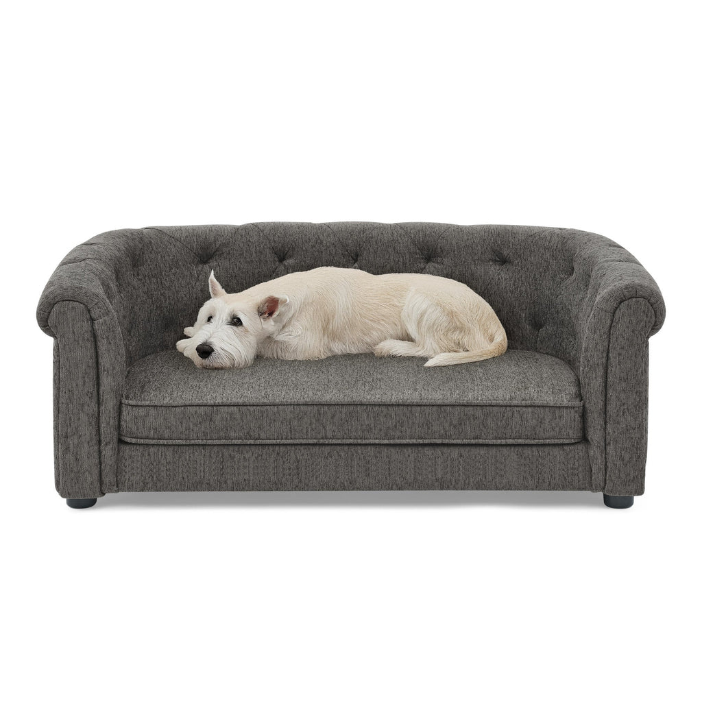 Pet sofa with arc-shaped backrest and armrests, contemporary rectangular pet sofa crafted from breathable linen  cozy soft cushion dog sofa --Dark grey