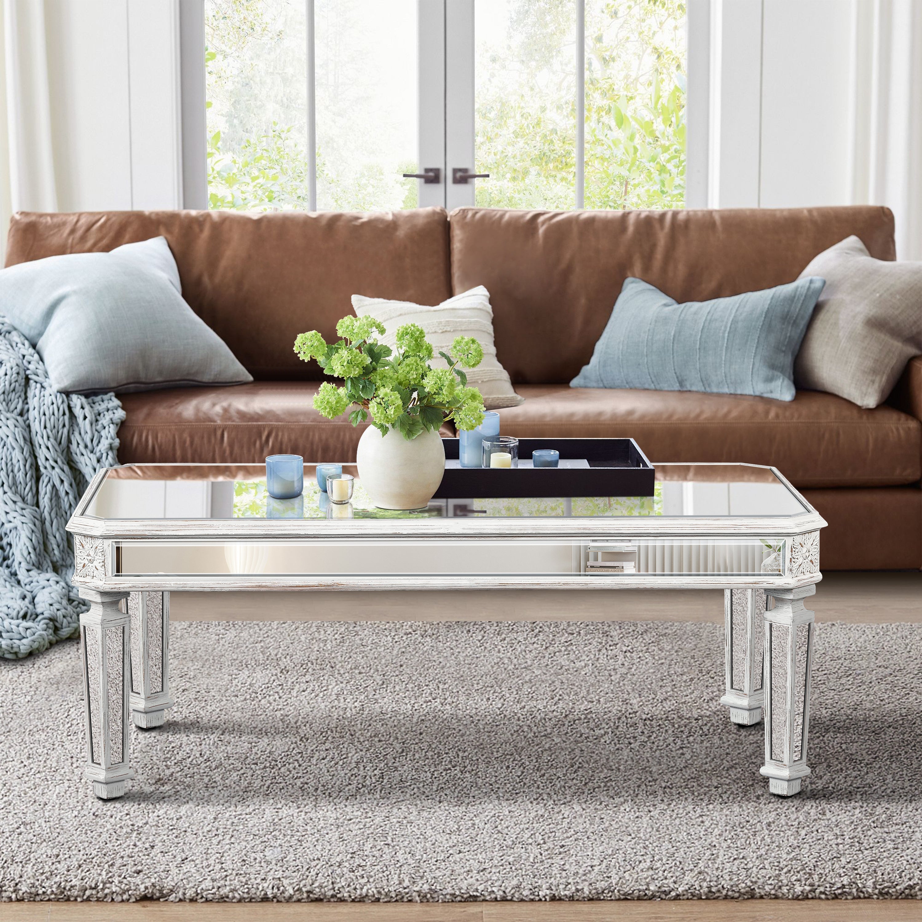 Silver Mirrored Coffee Table, Vintage Carved Elements, Rectangle Glass Tea Table with Mirrored Finish, Modern Center Table for Living Room and Office (24" D x 48" W x 18" H)