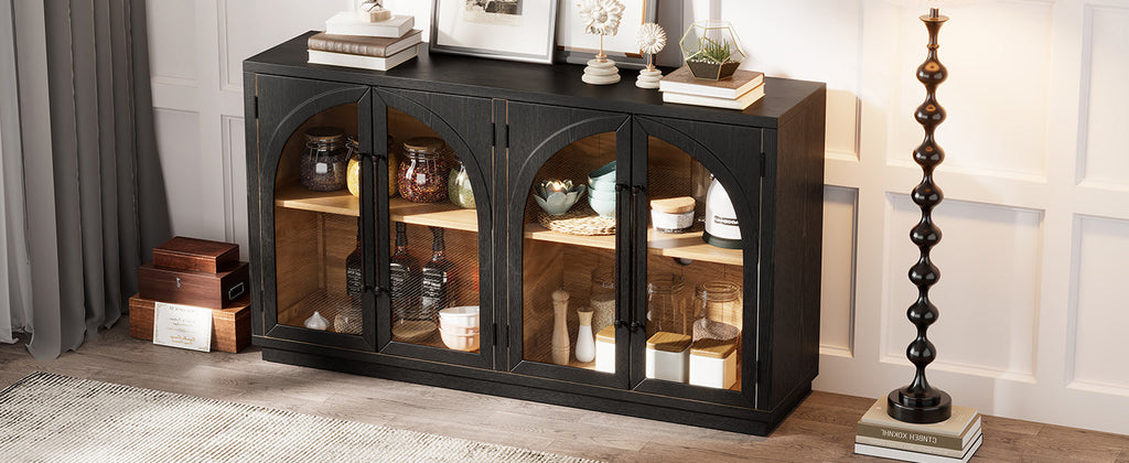 TREXM 4-Door Large Storage Sideboard Buffet Cabinet with Glass Doors, Arched Cabinet with Adjustable Shelves for Kitchen, Dining Room and Living Room (Black)