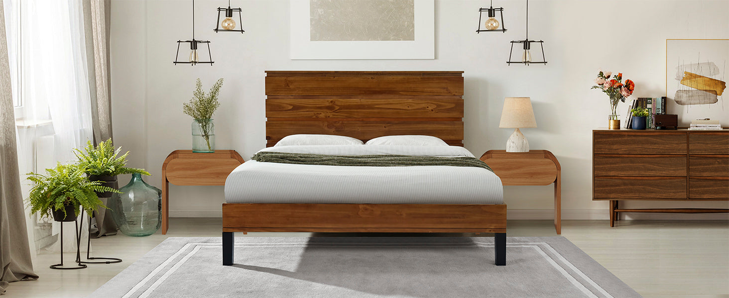 Mid-Century Modern Solid Wood Bed Frame Full Size Platform Bed with Six-Piece Headboard Design, No Box Spring Needed, Brown