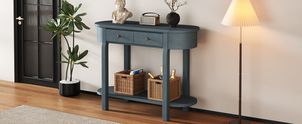 TREXM Elegant Retro Console Table with Curved Design and Smooth Glaze for Entryways, Living Rooms and hallways (Navy)