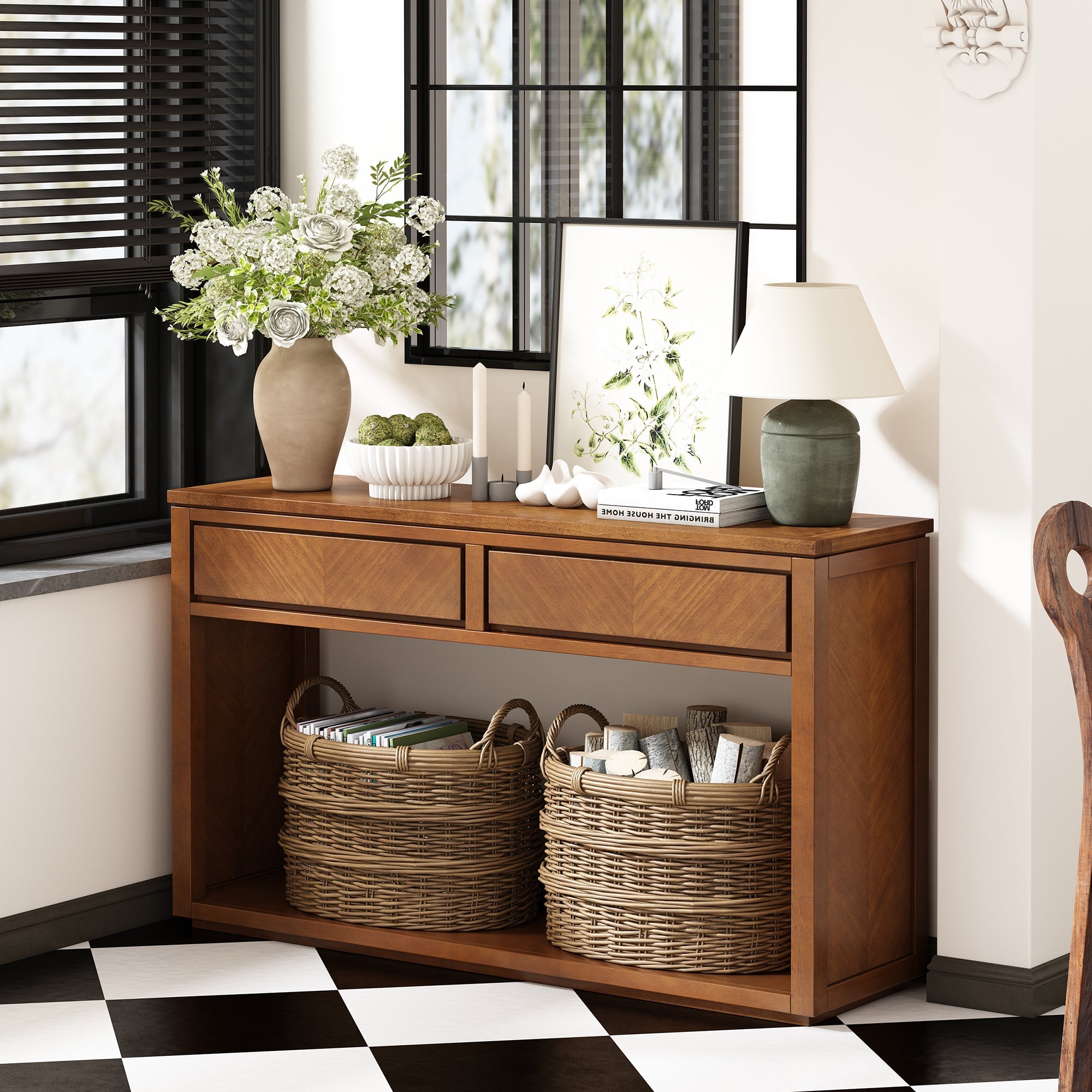 TREXM 55' Console Table, Rustic Wooden Entryway Table with Storage Drawers and Open Shelf, Elegant Sofa Table for Hallway and Living Room (Honey)