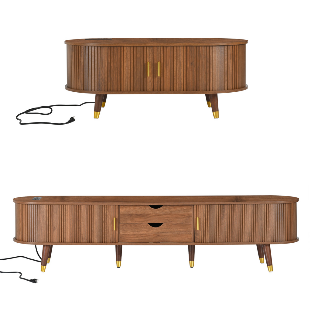 Wooden Farmhouse TV Stand & Coffee Table Set with Charging Station, Oval Fluted Media Console with Sliding Doors for TVs up to 80', Mid-Century Center Table with Solid Wood Legs for Living Room,Walnut