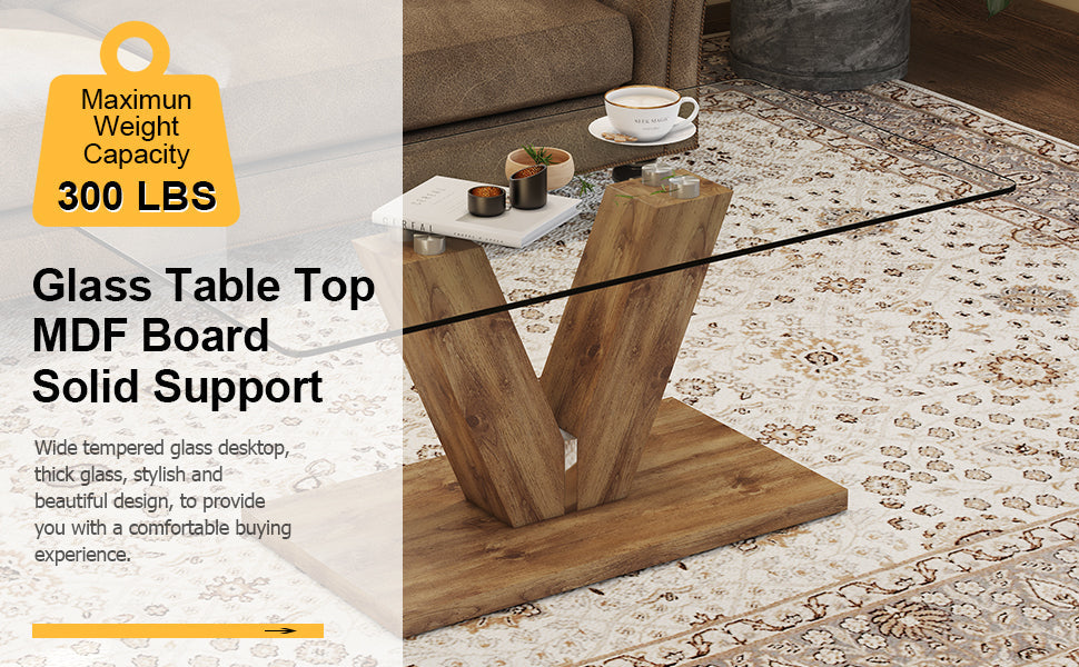 A modern minimalist style coffee table. Transparent tempered glass tabletop with wooden MDF columns. Suitable for living room and dining room.  CT-V