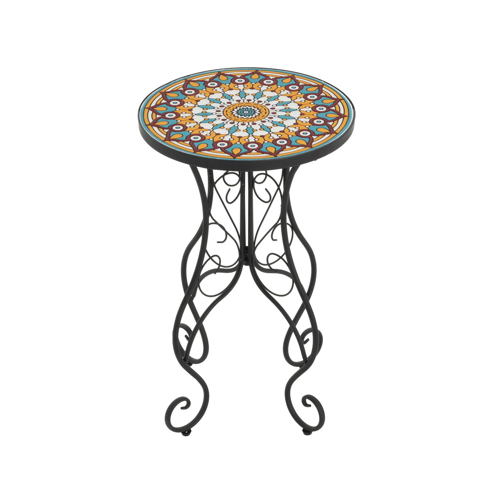 Vibrant French Country Round Ceramic Outdoor Side Table Black Ceramic Tile 14x14x22.44 inches