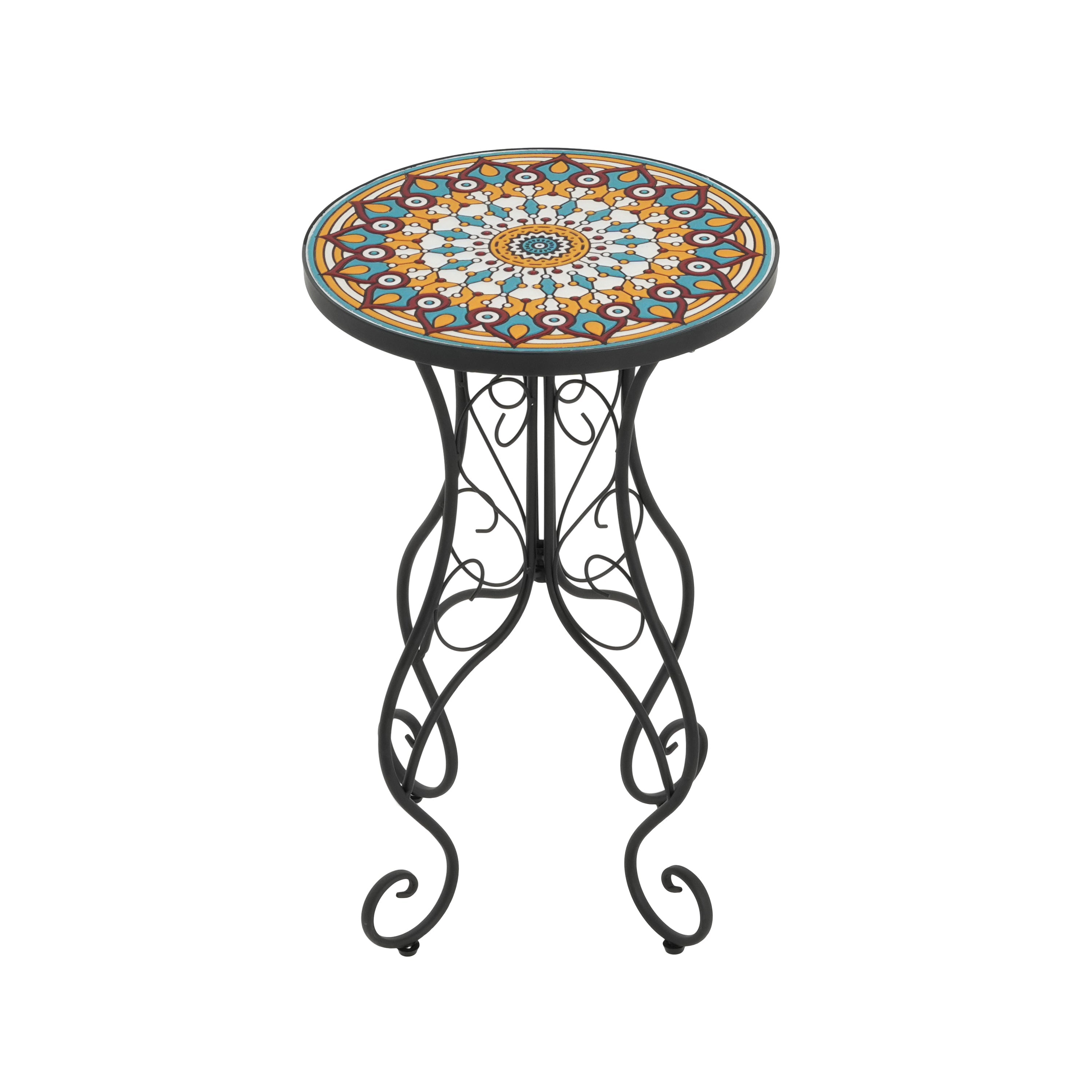 Vibrant French Country Round Ceramic Outdoor Side Table Black Ceramic Tile 14x14x22.44 inches