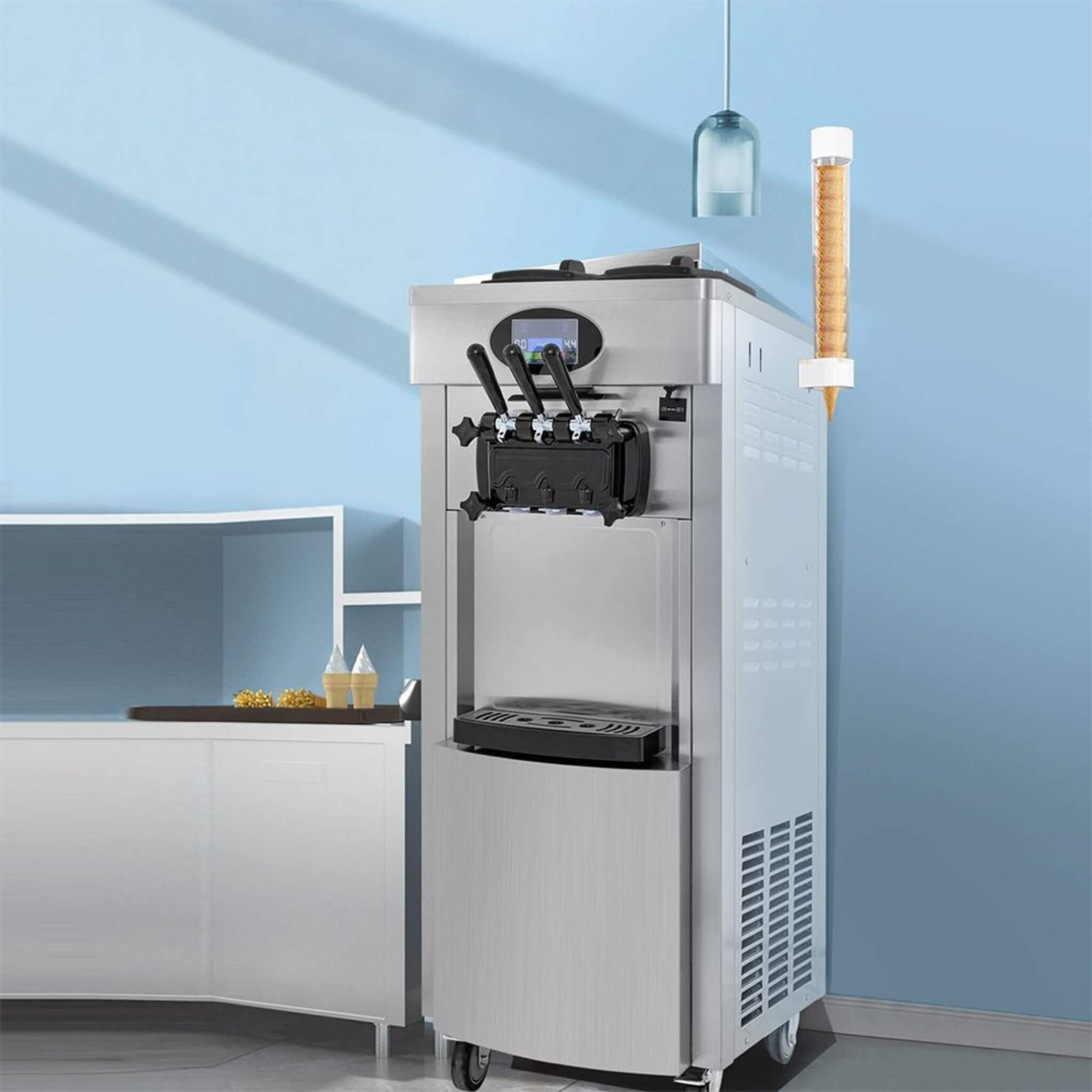 53" Freestanding 3-Flavors Commercial Soft Serve Yogurt Ice Cream Machine Maker With Auto Clean (SAK74031)