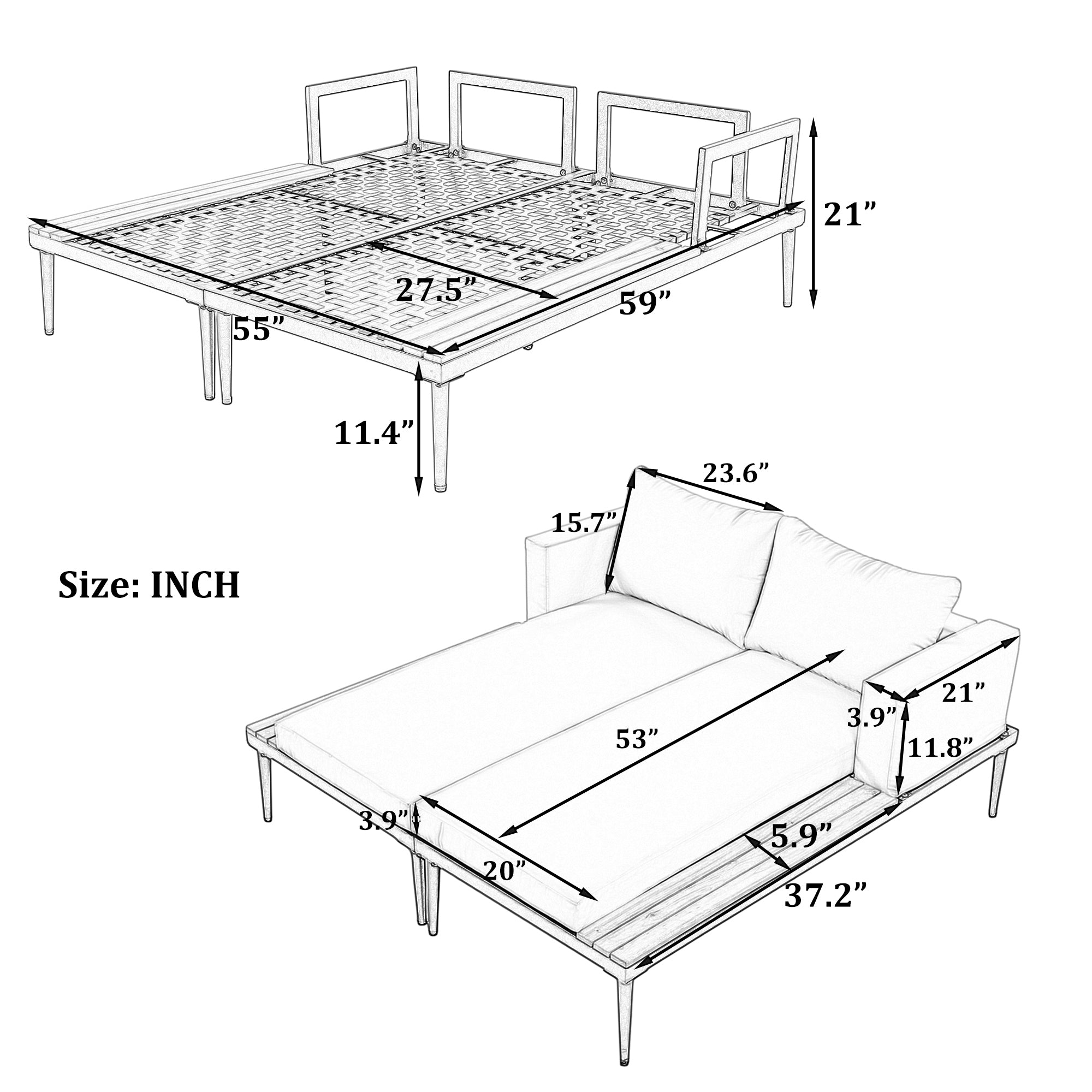 TOPMAX Modern Outdoor Daybed Patio Metal Daybed with Wood Topped Side Spaces for Drinks, 2 in 1 Padded Chaise Lounges for Poolside, Balcony, Deck, Gray