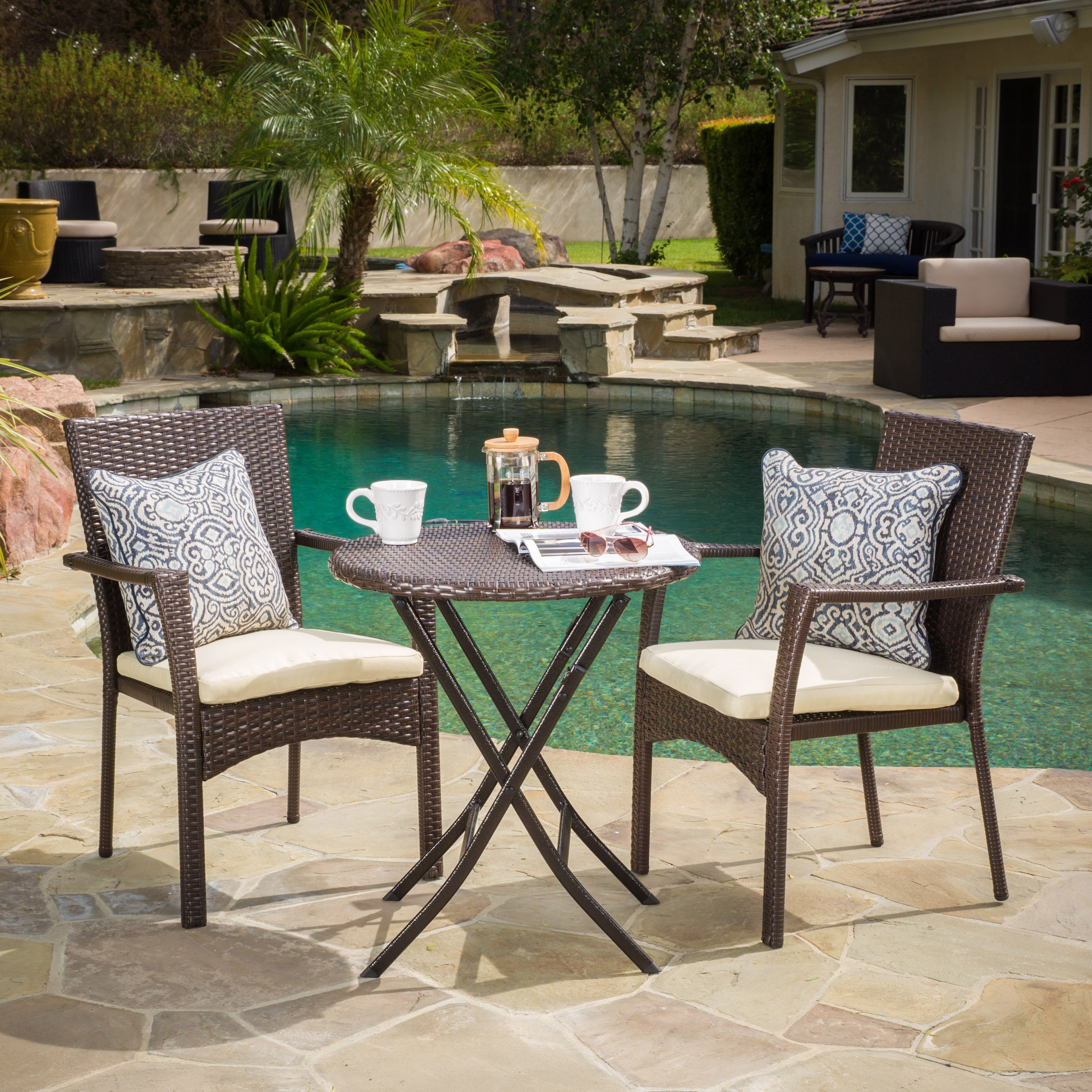 Outdoor 3-Piece Bistro Set with Water Resistant Cushions and 2 Chairs, Brown Multi