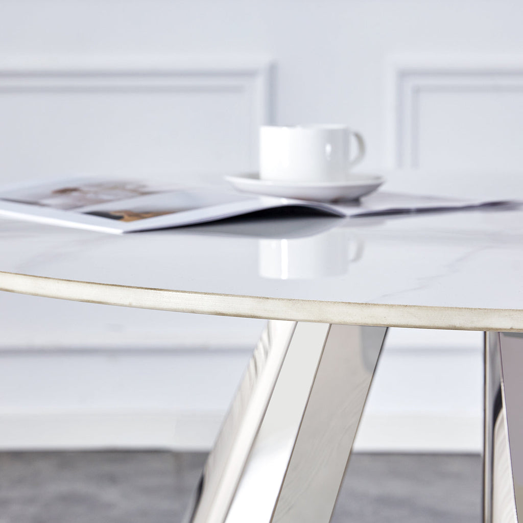 42' Luxury Sintered Stone Table: 0.45' Durable Top + 6' Steel Legs, 350lb Capacity, Stain/Heat-Resistant White/Gray Veined Surface - Modern Minimalist Design
