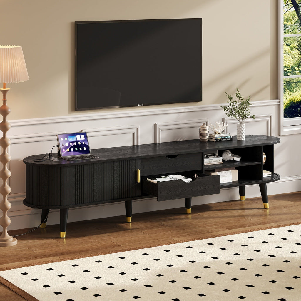 Wooden Oval Fluted TV Stand with Charging Station for TV up to 80', Mid-Century Media Console with Sliding Tambour Door, Farmhouse TV Cabinet with Golden Handle for Living Room, Black