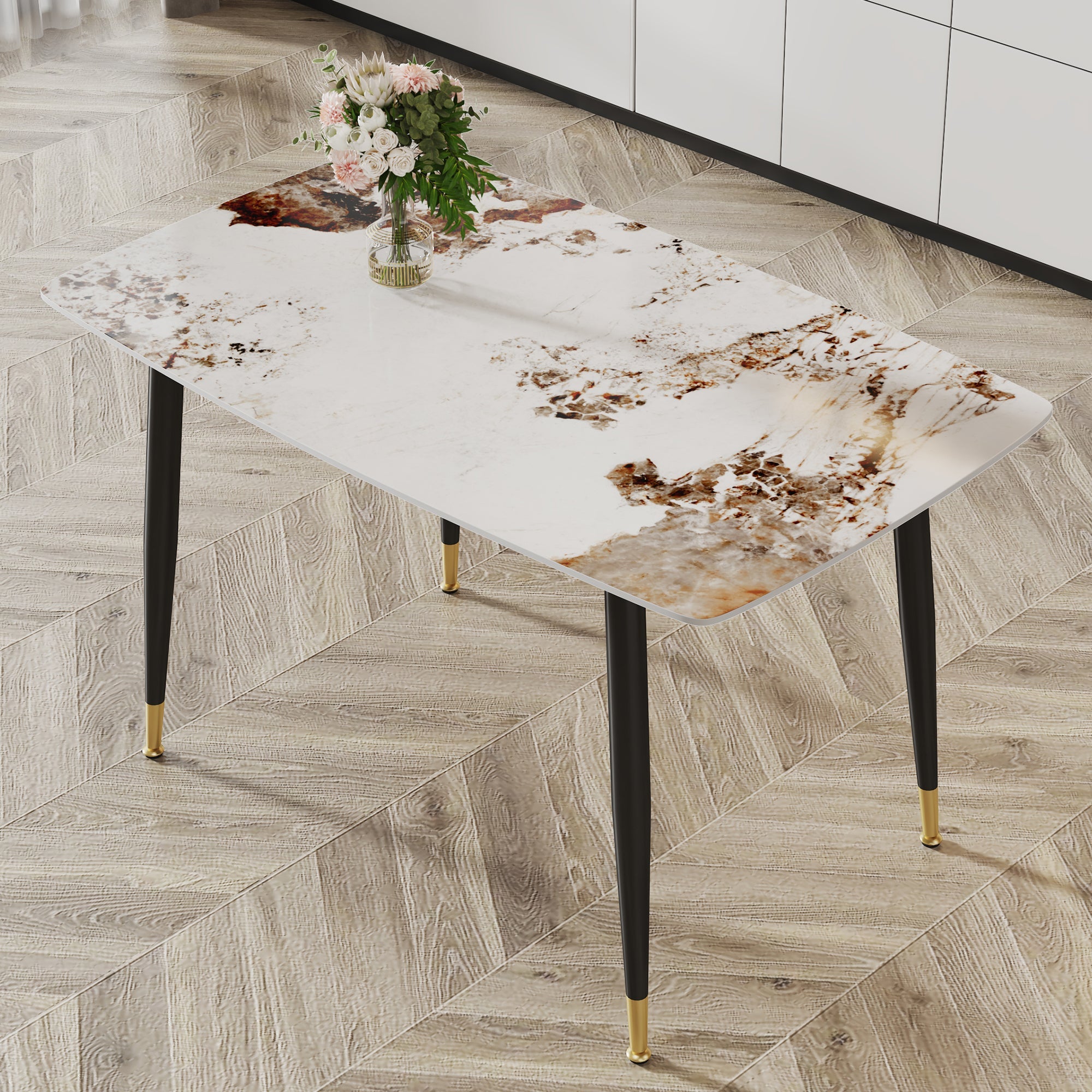 Modern minimalist dining table. A patterned SINTERED STONE tabletop with black metal legs. Suitable for kitchen and living room 50'*30'*30' F-001.W1151S00398