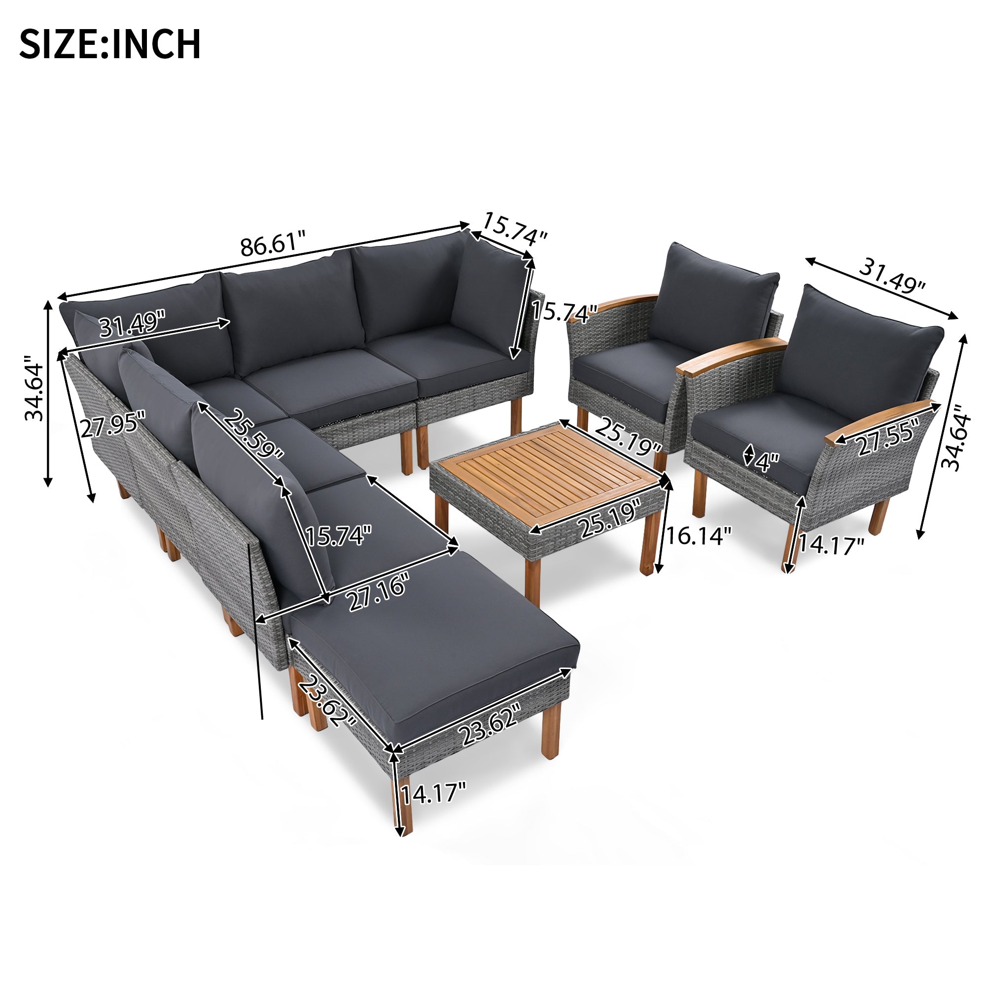 GO 9-Piece Patio Rattan Furniture Set, Outdoor Conversation Set With Acacia Wood Legs and Tabletop, PE Rattan Sectional Sofa Set with Coffee Table, Washable Cushion, Gray