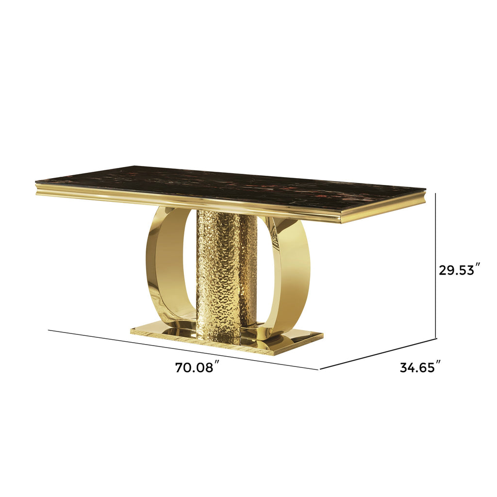 Gold stainless steel dining table  70.08 inch black tempered glass top with sticker