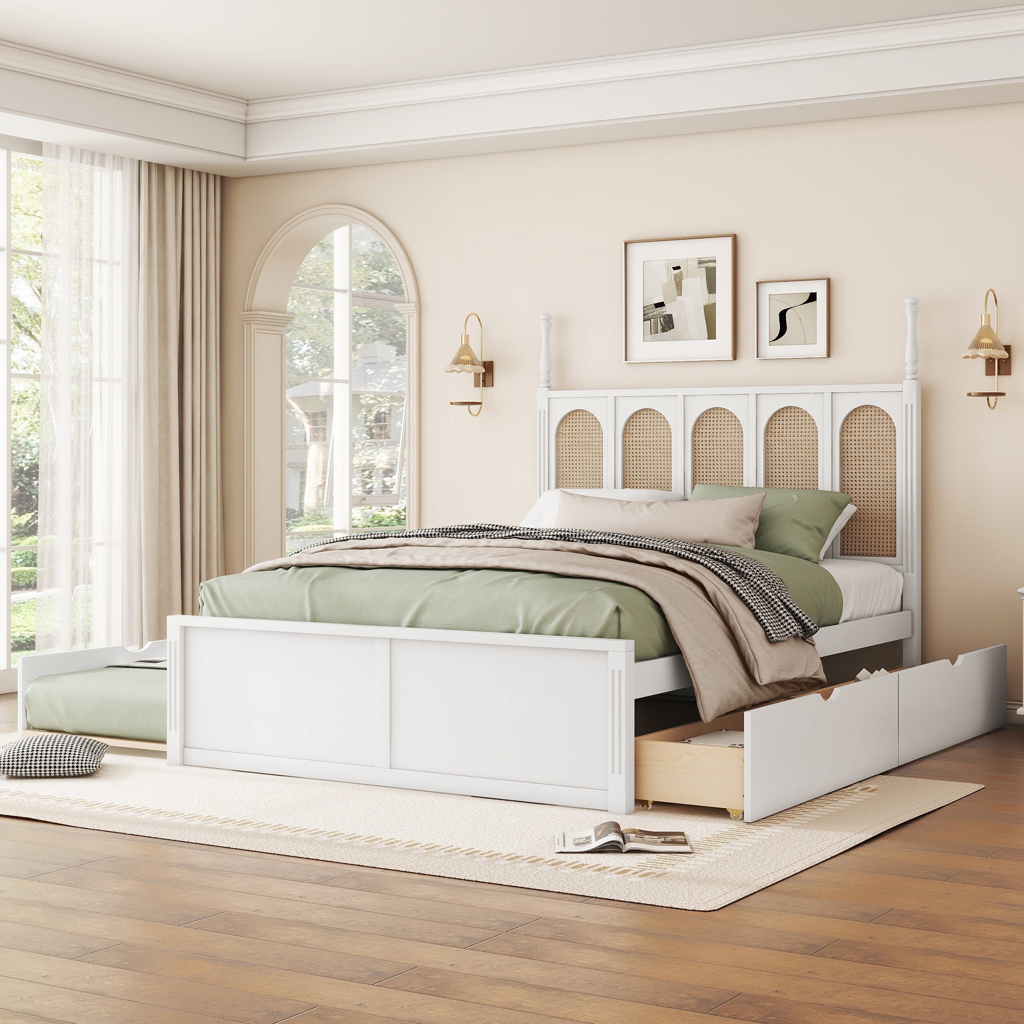 Queen Size Rattan Platform Bed With with 2 Big Drawers, T Size Trundle, White