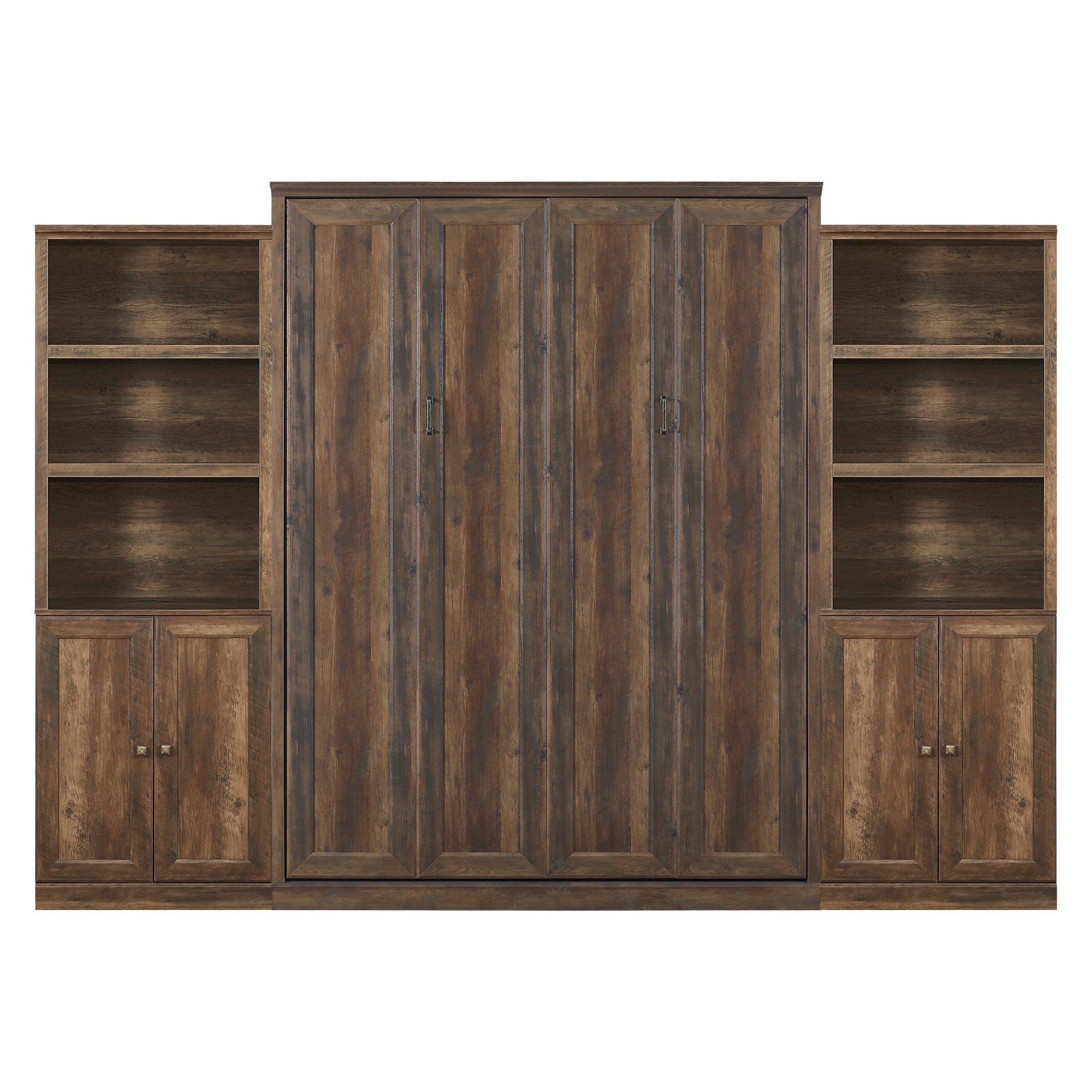 Queen Size Half Self-Close and Open Murphy Bed with 2 Side Cabinet Storage Shelf, Cabinet Space-Saving Bed Perfect for Guest Room, Bed Room, Guest Room, Home Office, Brown