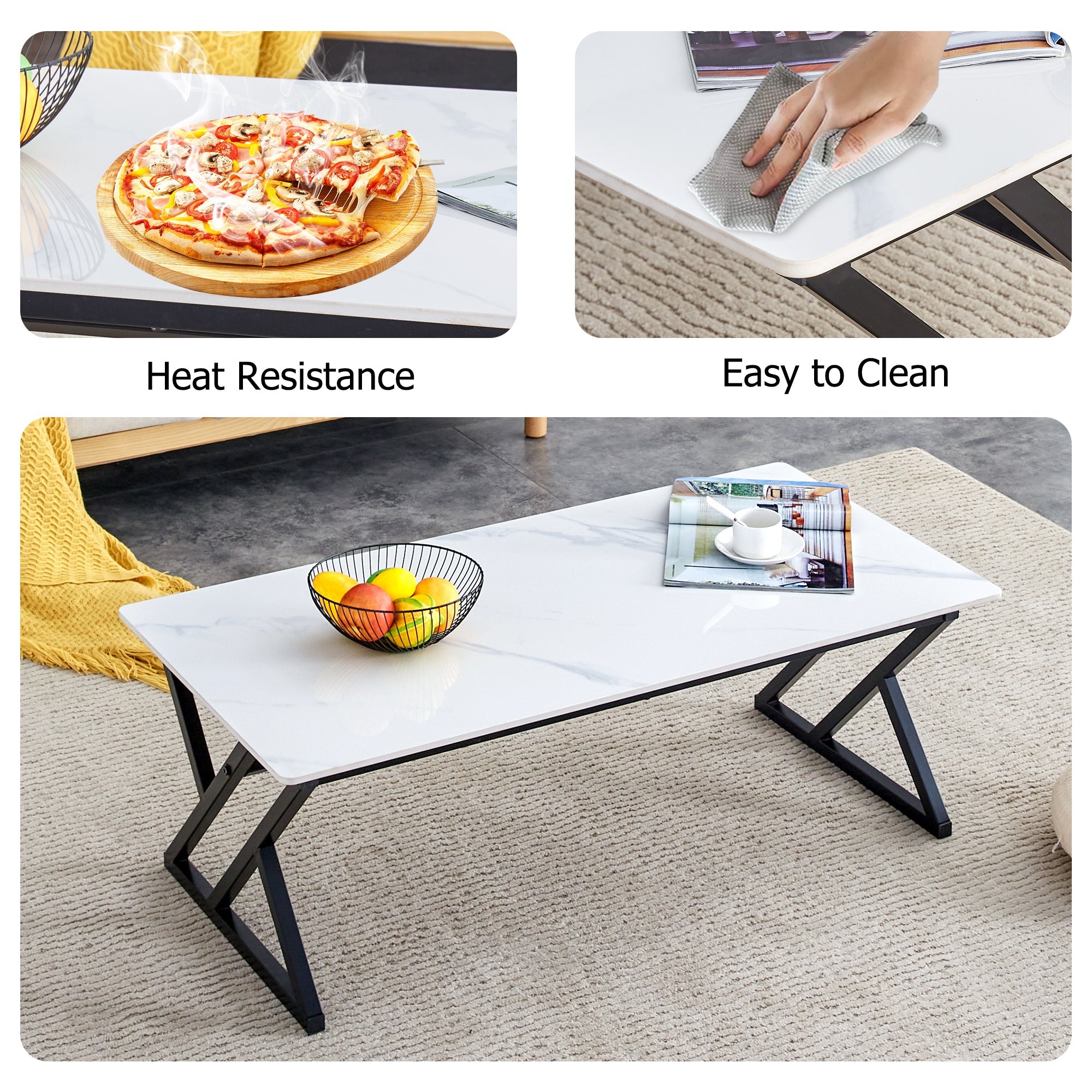 A coffee table made of rock slab material, with a smooth and natural surface that complements the modern design of the black metal legs, making it suitable for living rooms of all sizes.47*23.6