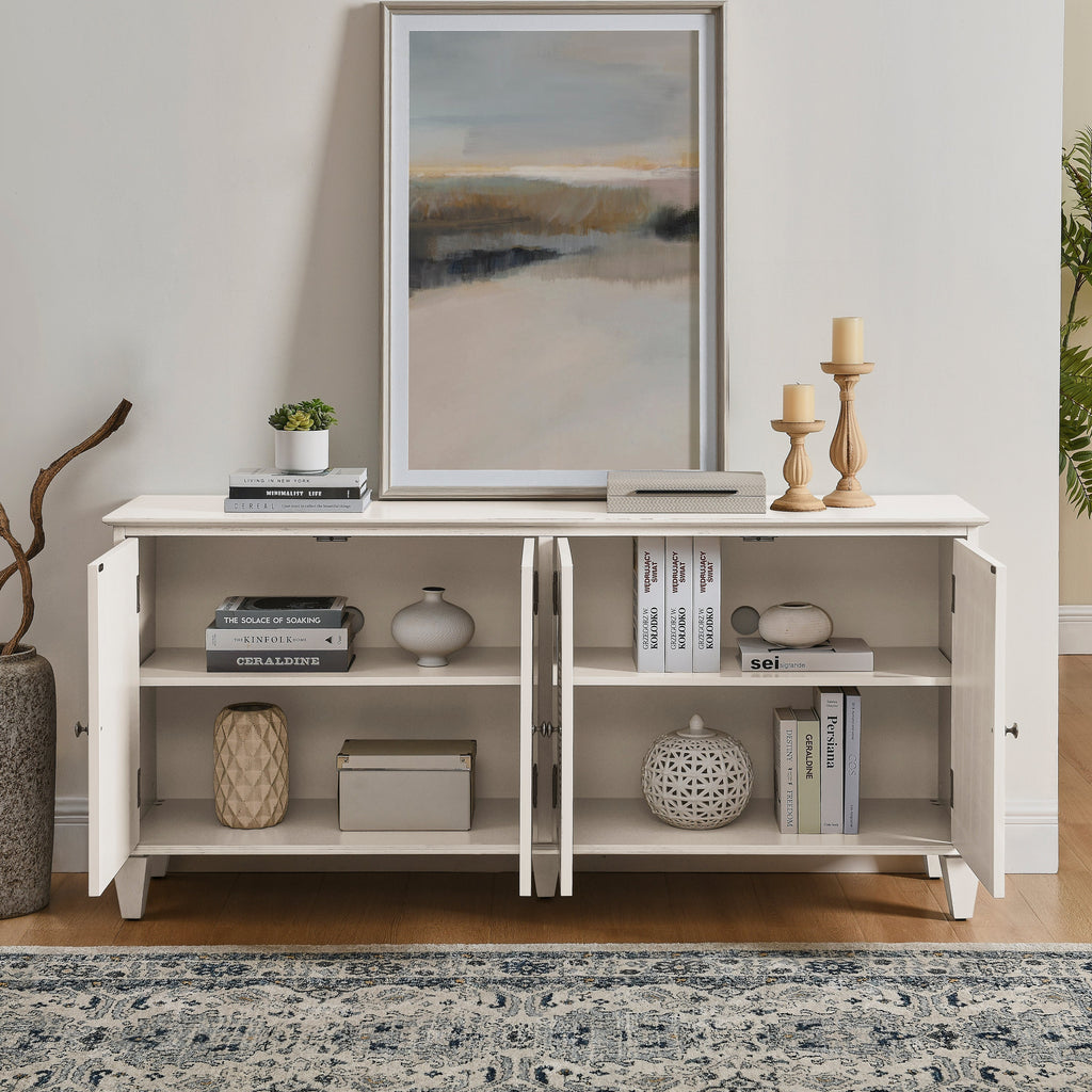65.2' Mid Century Modern Sideboard Buffet Cabinet with Storage, Symmetrical Geometric Accent Coffee Bar Wine Bar Storage Cabinet, Large Console Table for Living Room/Entryway/Kitchen, Antique White
