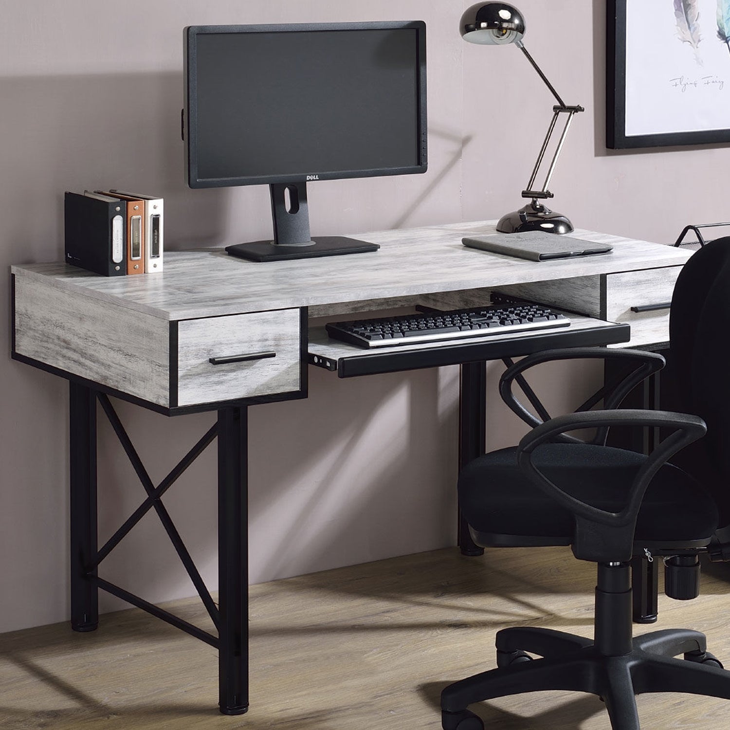 Rectangular Computer Desk with 2 Drawers, Antique White and Black