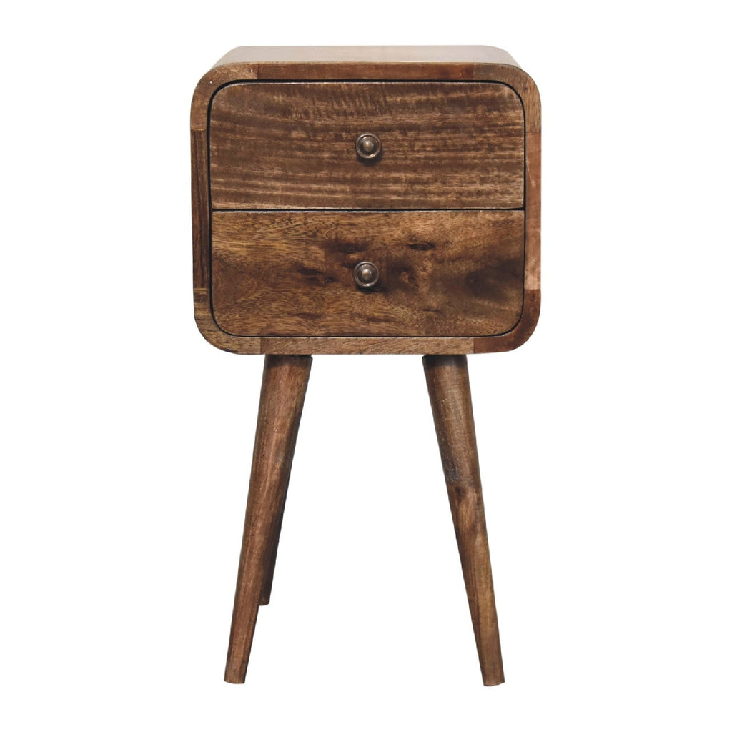 Solid Wood Mini Curved Grey Washed Nightstand, 2-Drawers, Nordic Legs, Brown
