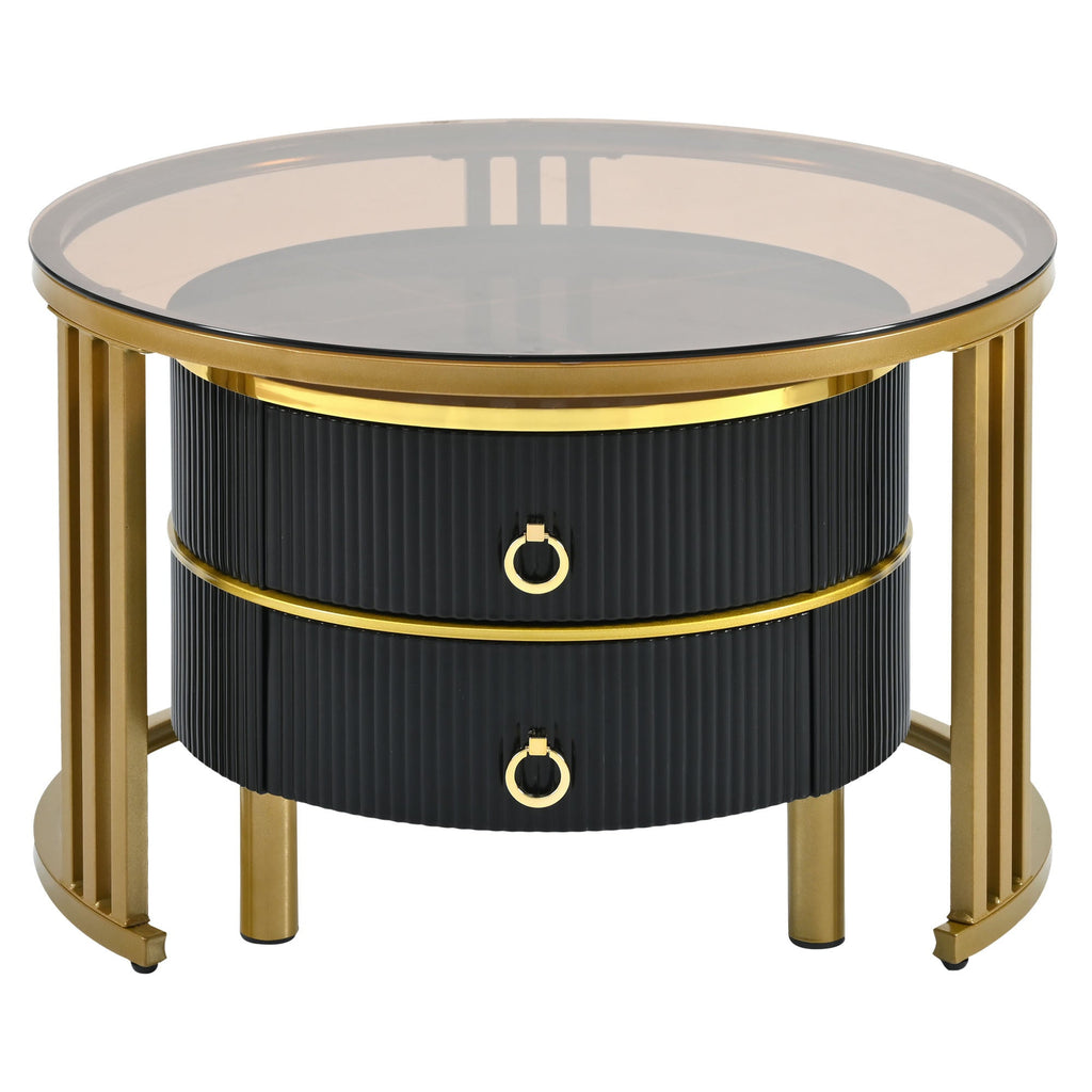 ON-TREND Φ27.5'' & Φ19.6'' Stackable Coffee Table with 2 Drawers, Nesting Tables with Brown Tempered Glass and High Gloss Marble Tabletop, Set of 2, Round Center Table for Living Room, Black