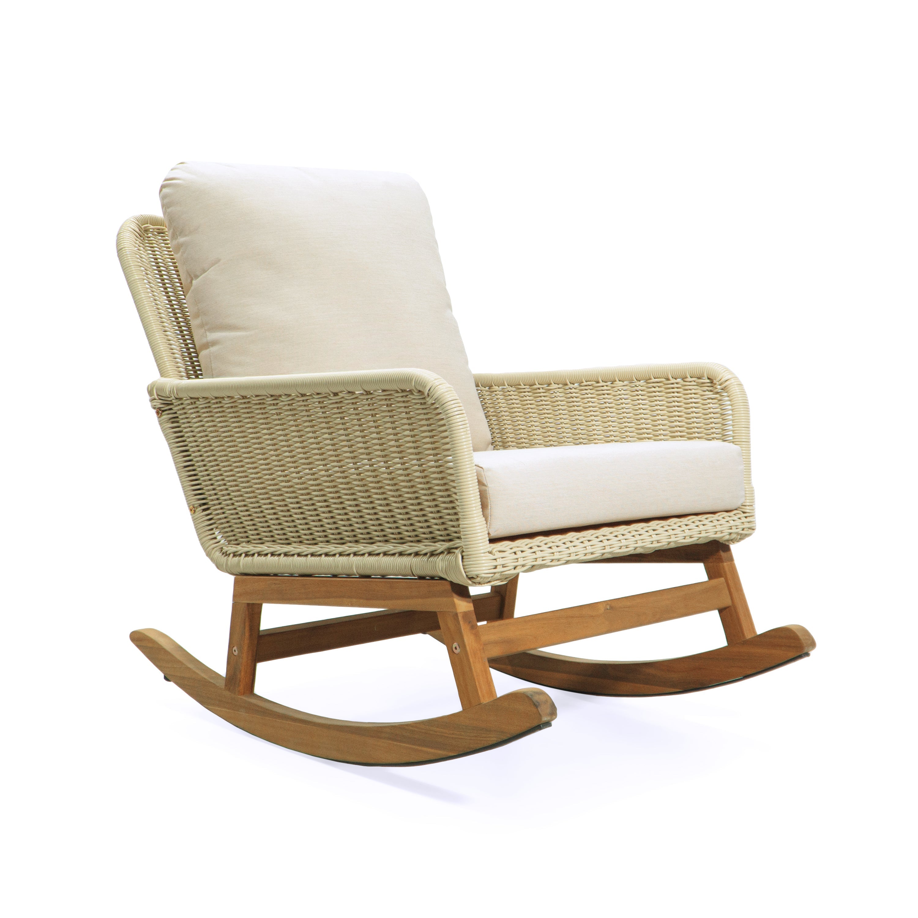 Modern 3-Piece Outdoor Seating Set with Ivory Cushioned PE Rattan Rocking Chairs and Wooden Accent Table, Perfect for Patio or Balcony Relaxation