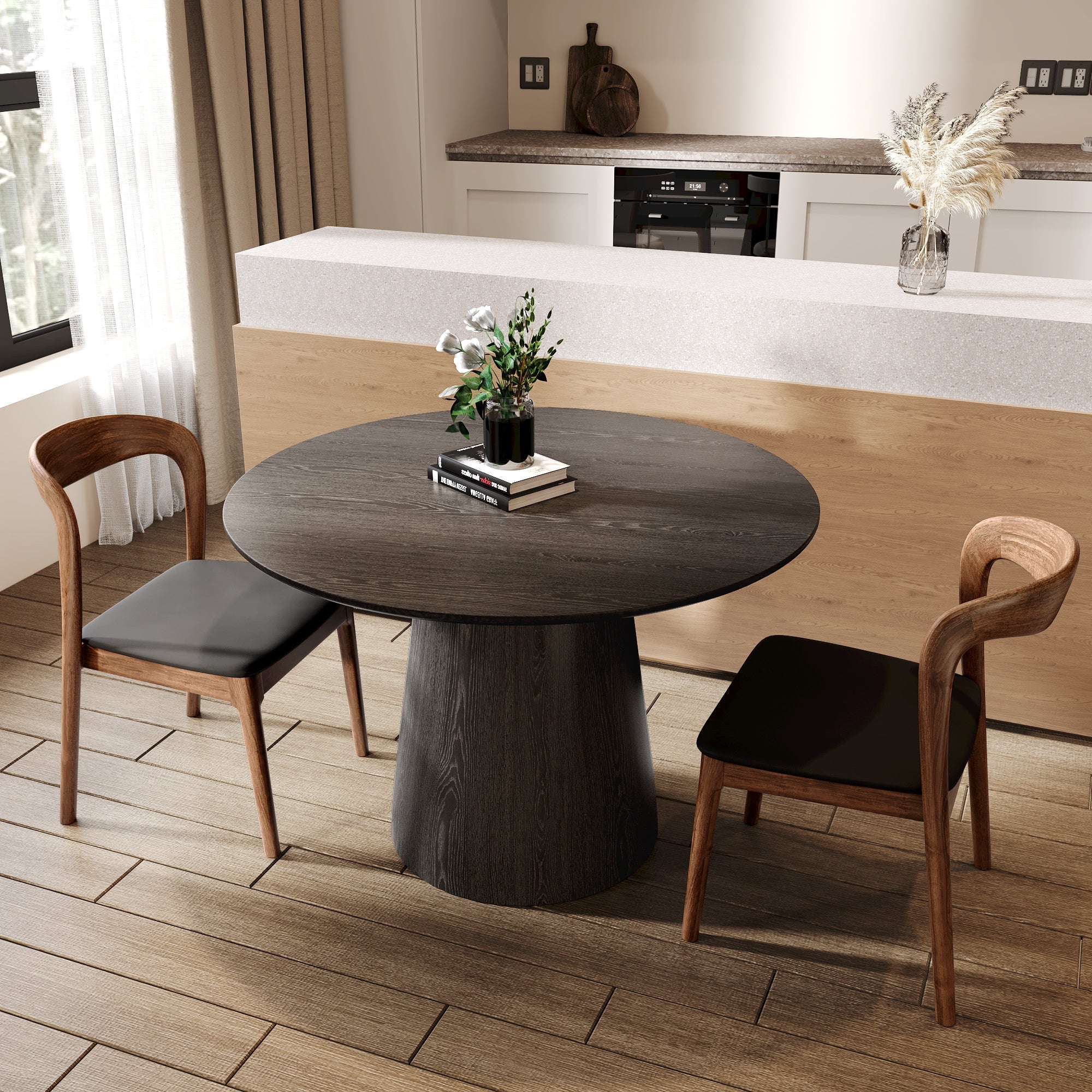 43' Round Black Wood Small Dining Table with Solid Wood Tabletop For 2-4 People