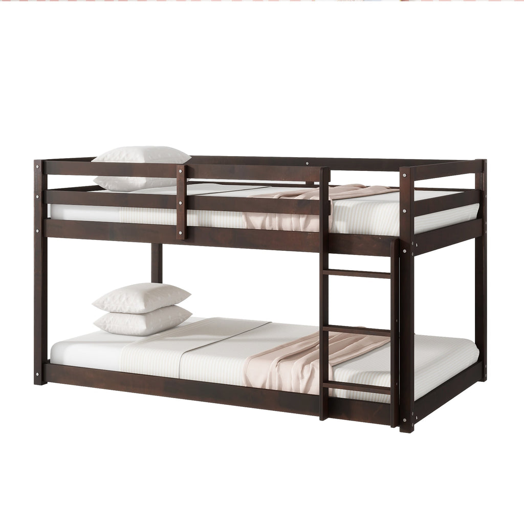 Solid Wooden, Solid Rubber Wooden Twin over Twin Floor Bunk Bed with Ladder, with Bed Platform of Strengthened Slats  , Espresso