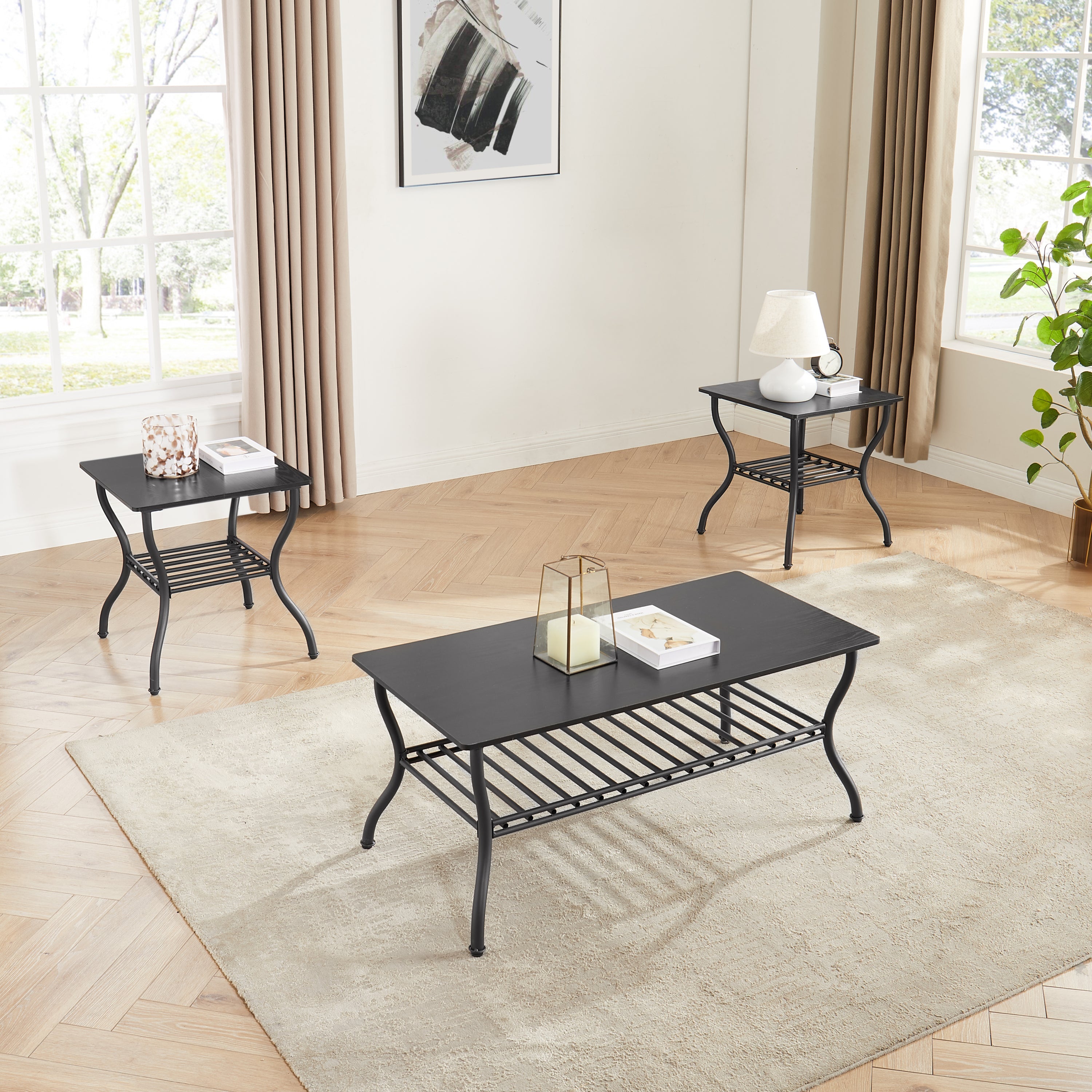 Modern Style 3-Piece Coffee Table Set Rectangle Coffee Table with 2 Square End Side Table Retro Design Coffee Table with Sturdy Base for Living Room Decor (Black)