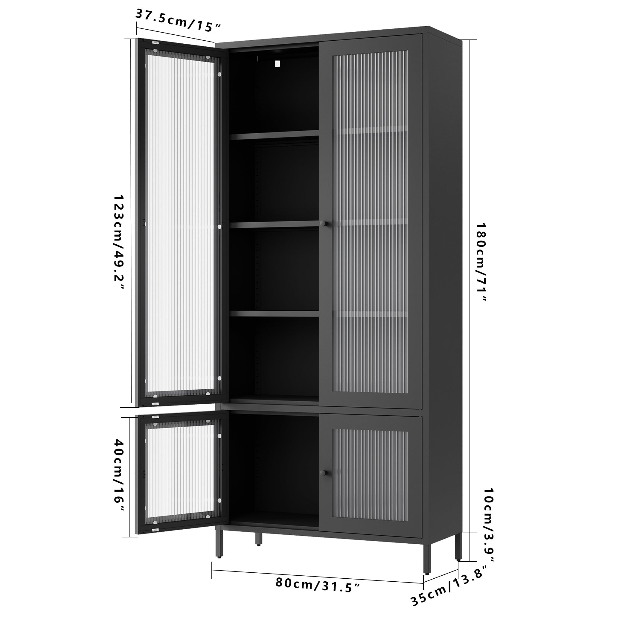 Large Metal Storage Cabinet Display Cabinet with 4 Glass Doors 5 Shelves Side Cabinet Bookcase Freestanding Cabinet for Bedroom Living Room Pantry Home Office - Black, Fluted Tempered Glass
