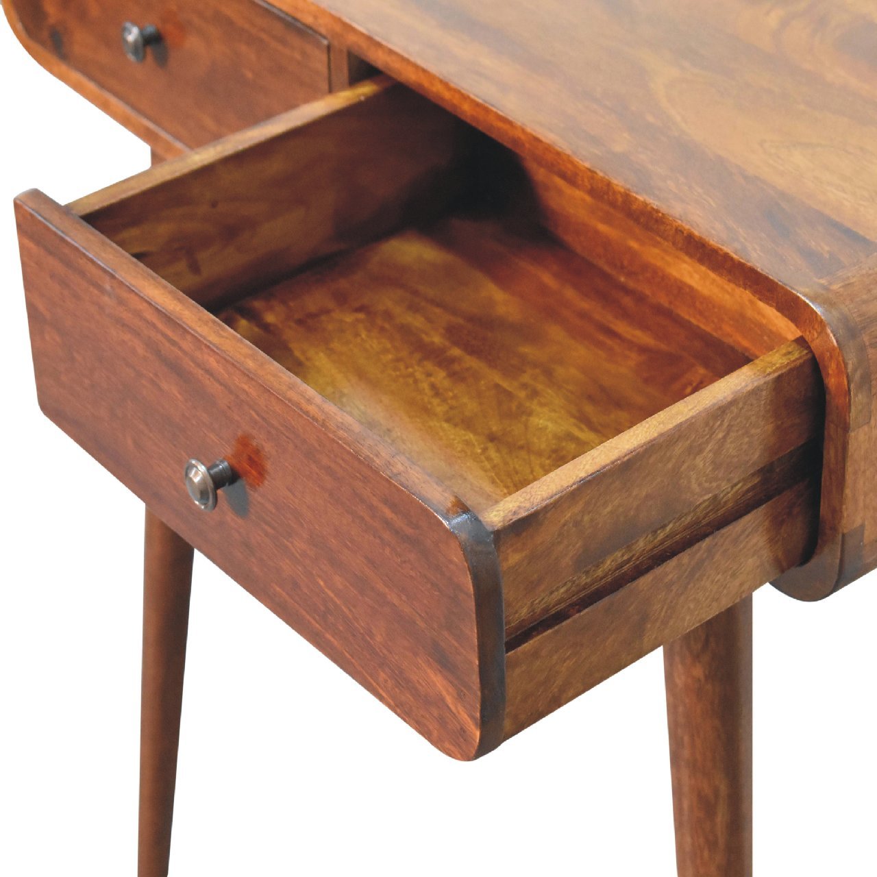 Solid Wood Chestnut Curved Hallway Table, 2-Drawers, Nordic Legs, Dark Brown