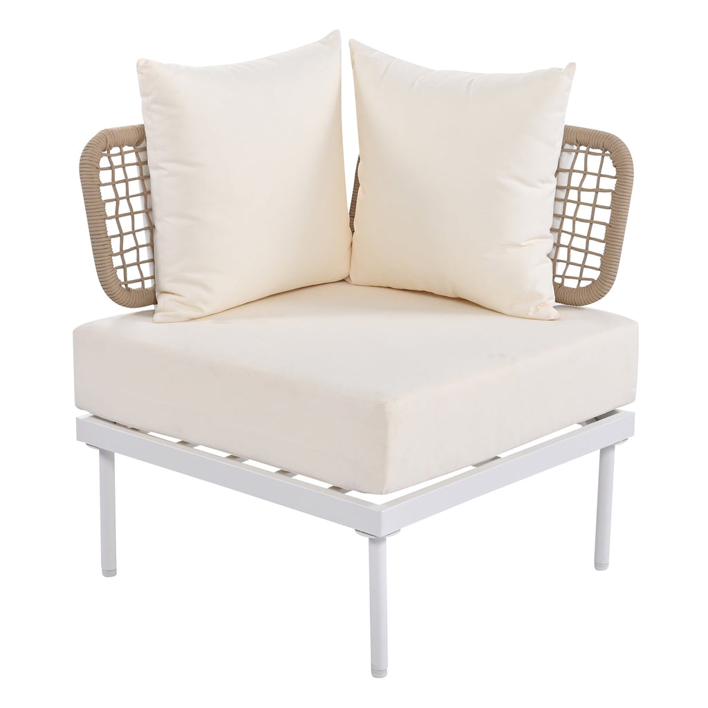 TREXM 8-Piece Patio Sectional Sofa Set with Tempered Glass Coffee Table and Wooden Coffee Table for Outdoor Oasis, Garden, Patio and Poolside (Beige Cushion + White Steel)
