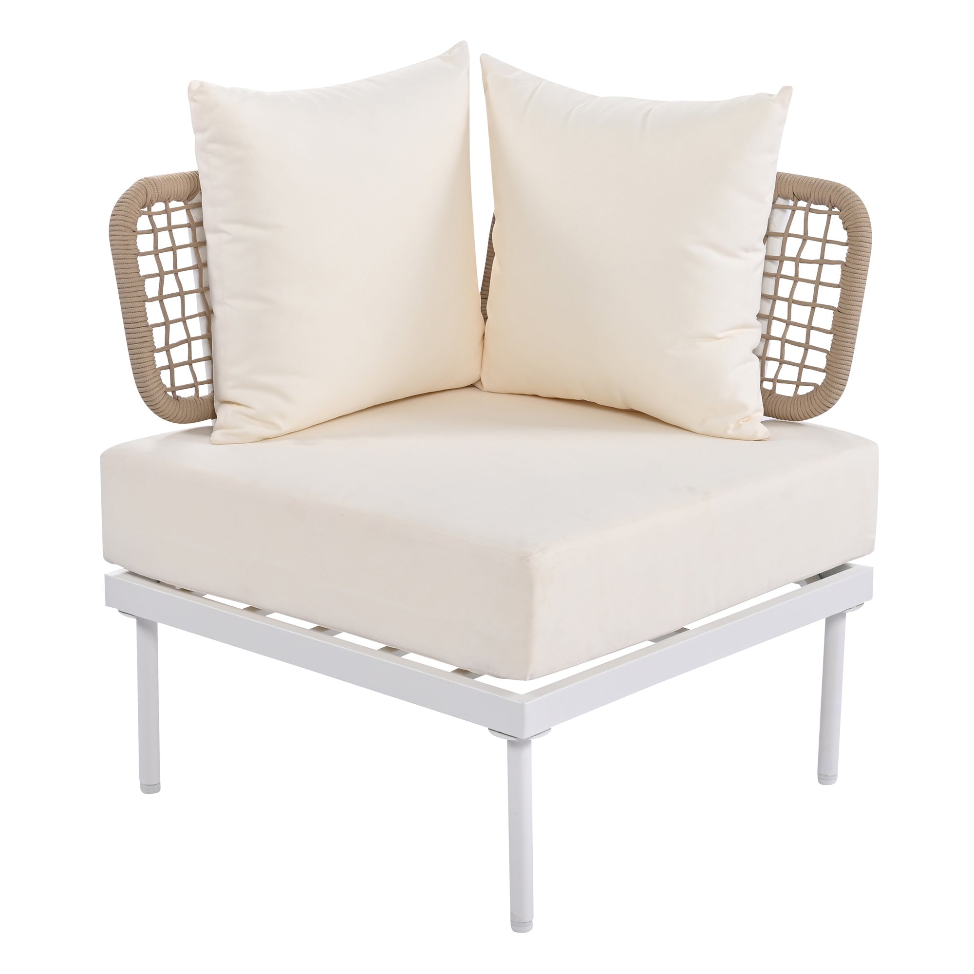 TREXM 8-Piece Patio Sectional Sofa Set with Tempered Glass Coffee Table and Wooden Coffee Table for Outdoor Oasis, Garden, Patio and Poolside (Beige Cushion + White Steel)