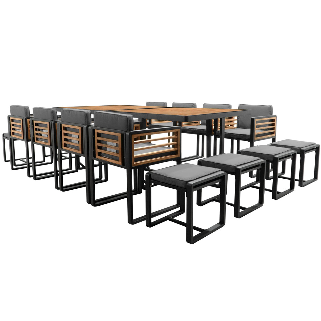 GO 18-Pieces Acacia Wood Patio Dining Set, Space Saving Outdoor Patio Set, 8 Cushioned Chairs & 8 Ottomans & 2 Square Table, for Backyard, Garden, Deck and Poolside, Gray